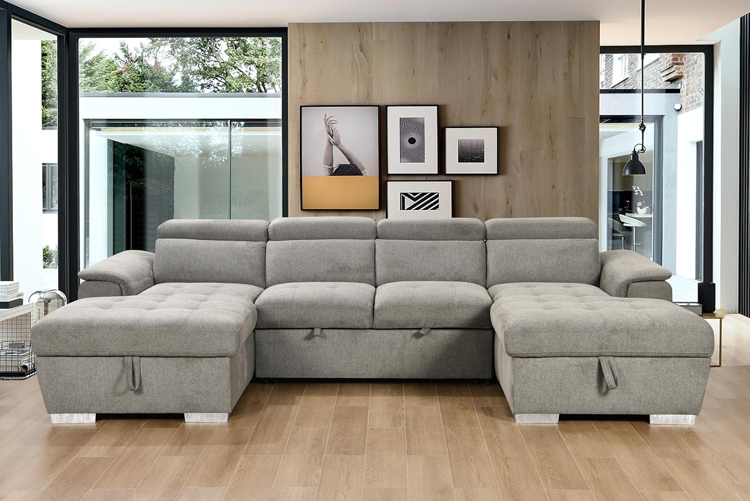 Light Gray Fabric Sectional Sofa with Storage and Ottoman