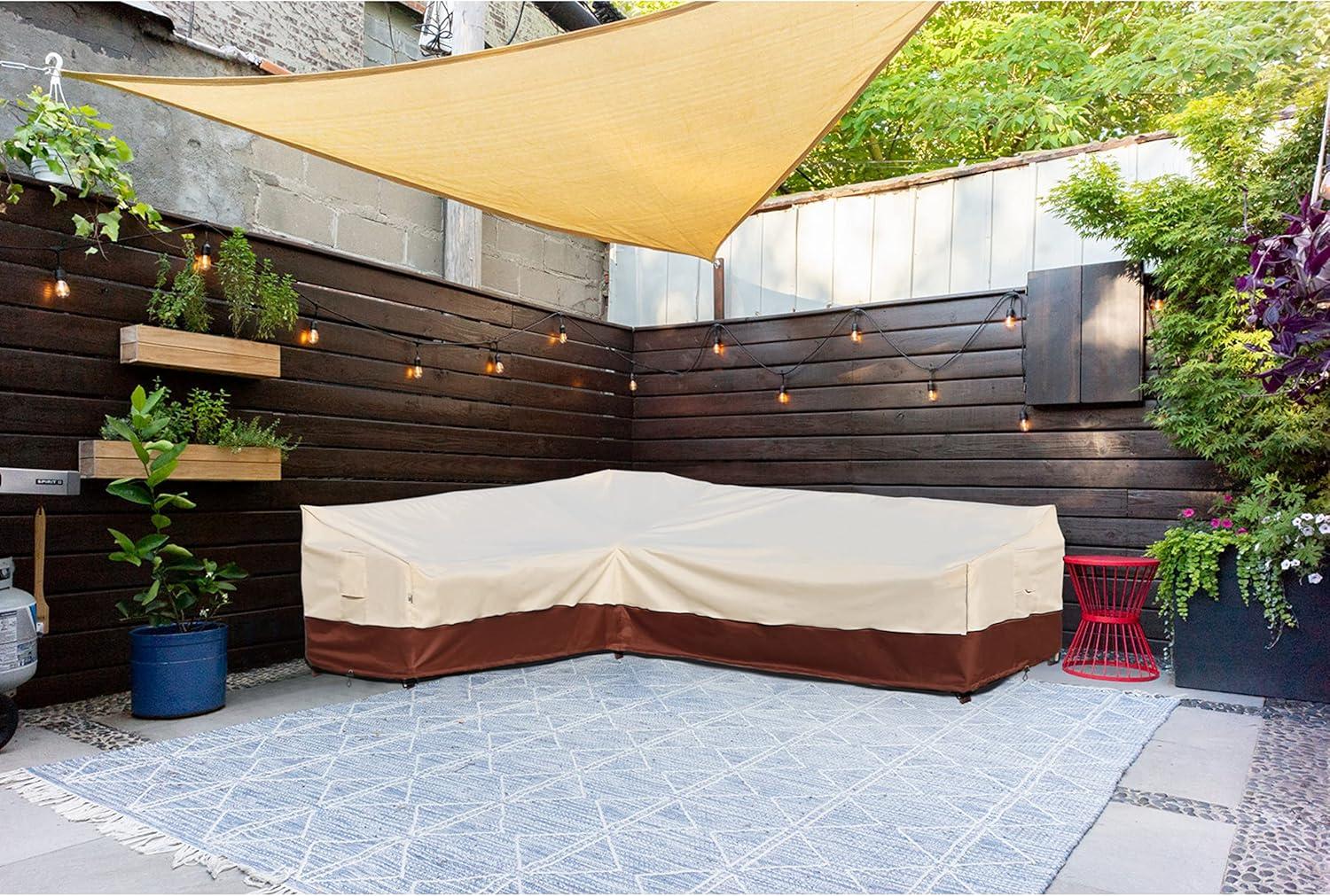 Outdoor Sectional Cover-V-Shaped Garden Patio Furniture Covers Waterproof Rip-Stop Anti-UV 600D Heavy Duty Outdoor Couch Cover with 3 Air Vents Sofa Cover 85''L 33.5''D 31''H,Beige & Reddish Brown