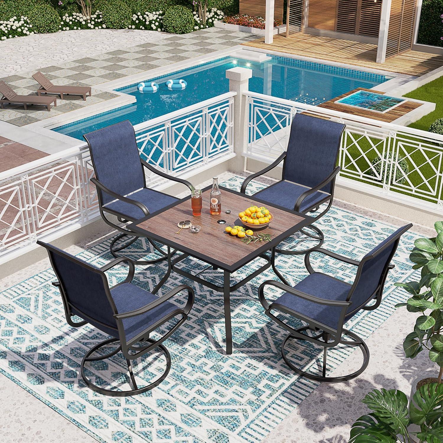 PHI VILLA 5 Piece Outdoor Patio Dining Set with 4 Swivel Dining Chairs & 1 Wood-Like Dining Table, All Weather Blue Textilene Mesh Fabric Chair and Square Metal Table for Deck Lawn Garden
