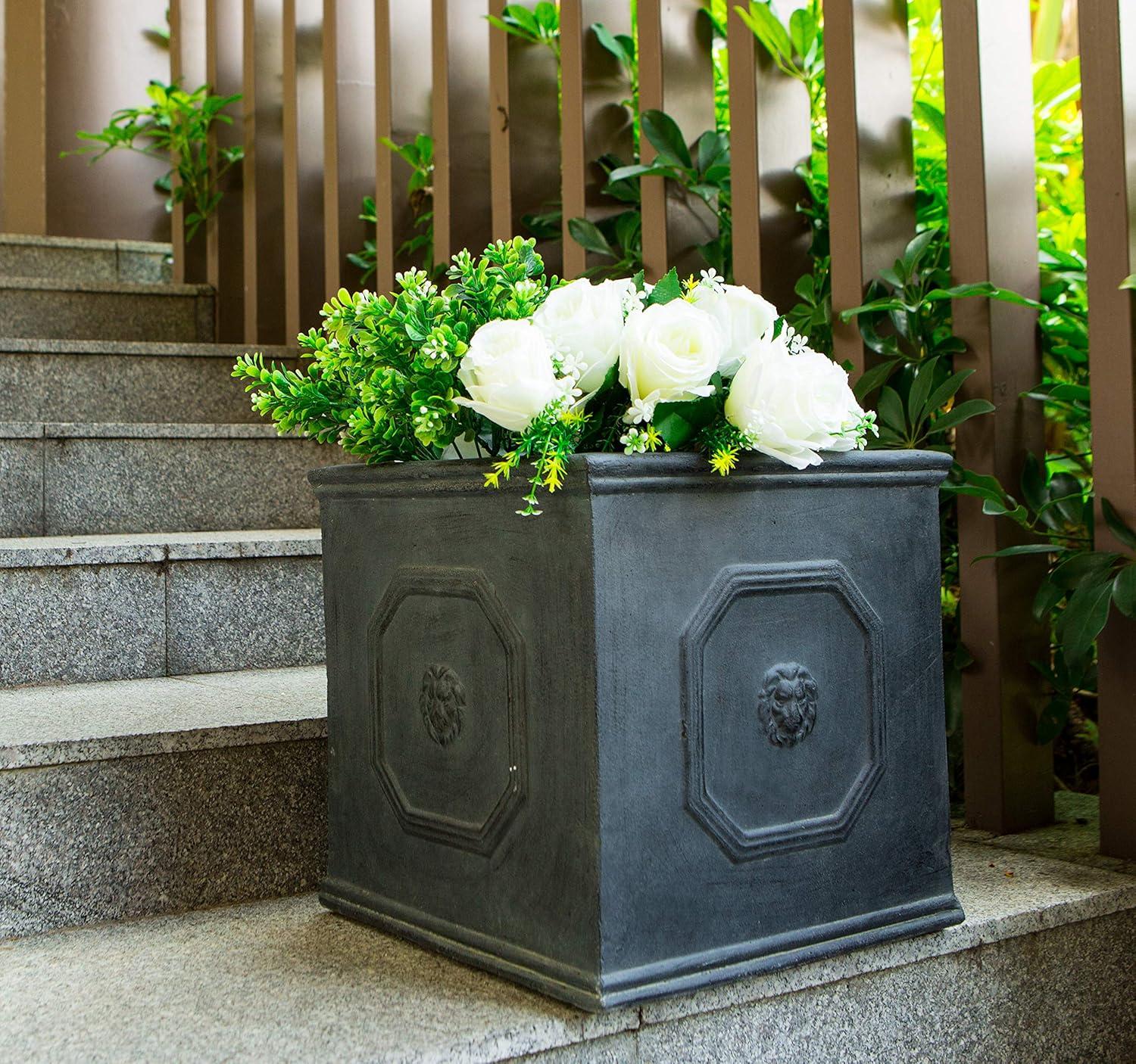 12.6" Kante Lightweight Classic Square English Style Lion Head Concrete Planter Antique Gray - Rosemead Home & Garden, Inc.