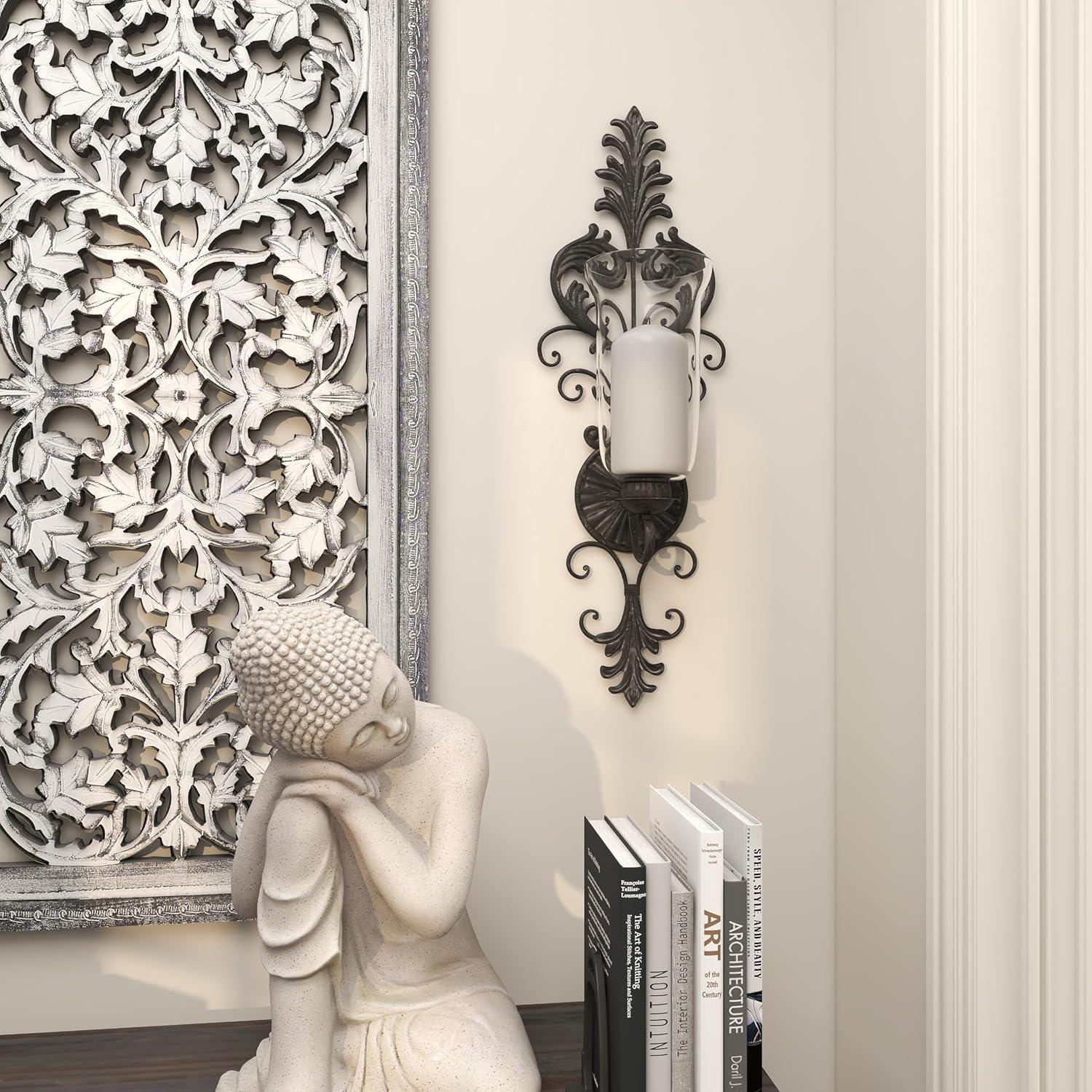 DecMode Bronze Glass Wall Sconce with Scroll Designs