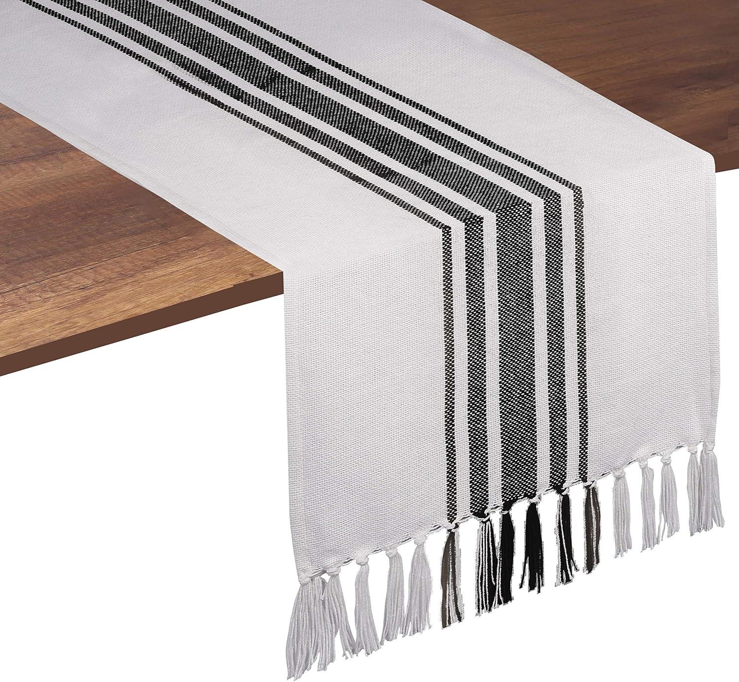Design Imports  Black Striped Fringe Ribbed Table Runner 14X72