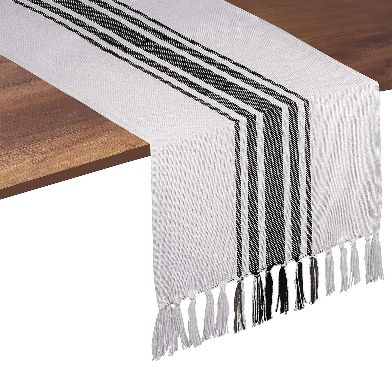 Design Imports  Black Striped Fringe Ribbed Table Runner 14X72
