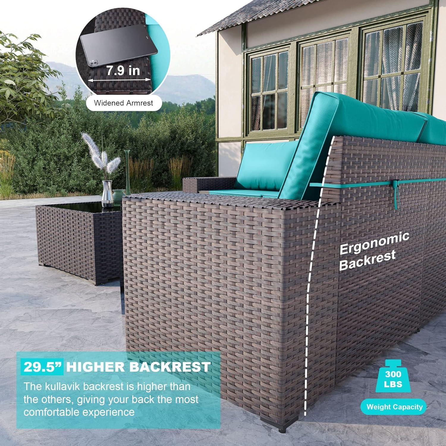 5-Piece Brown Steel Frame Outdoor Sectional Sofa with Blue Cushions