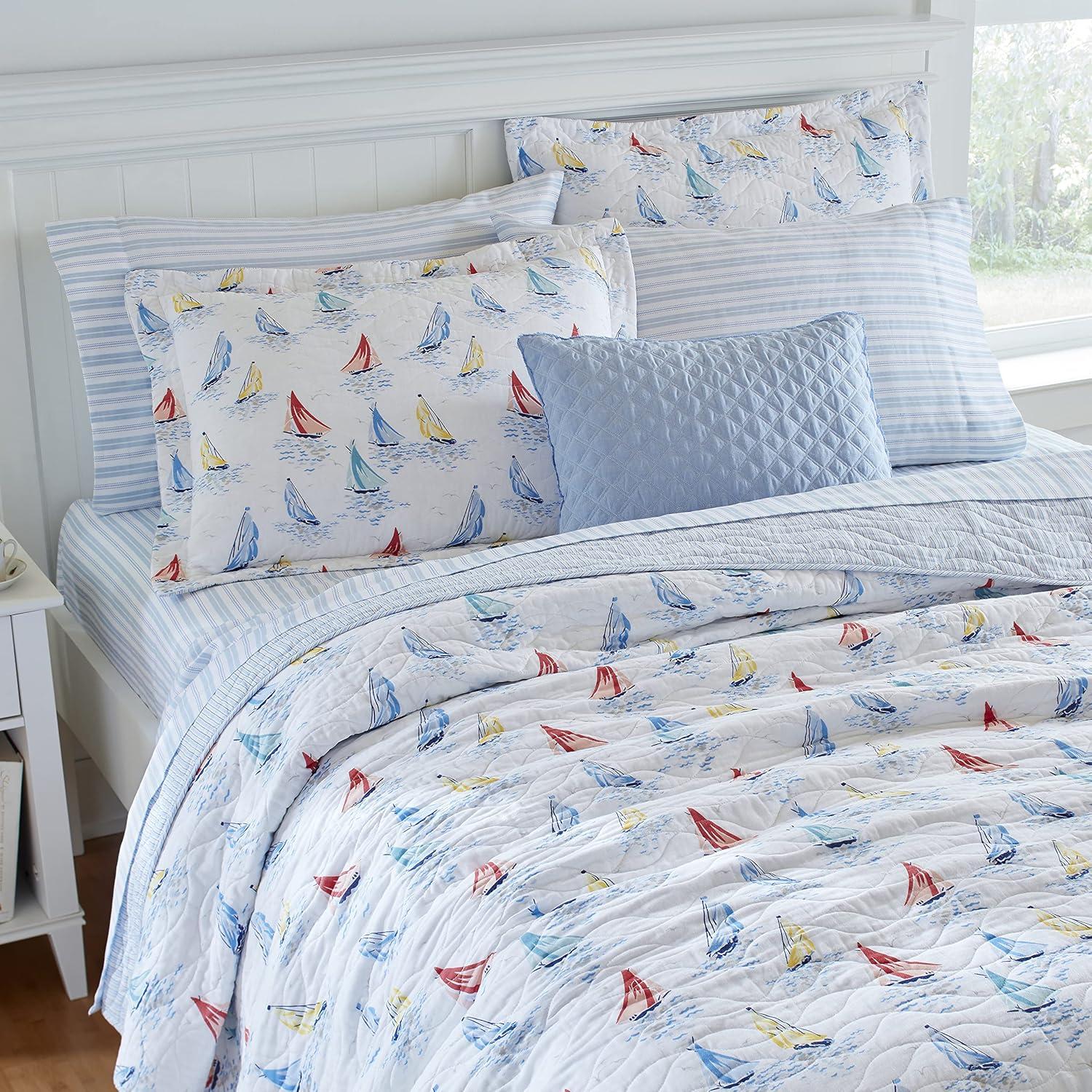 Ahoy Blue Cotton Reversible King Quilt Set