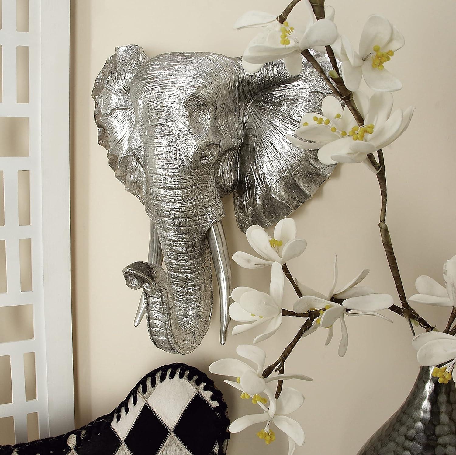 DecMode Silver Polystone Elephant Wall Decor with Tusks