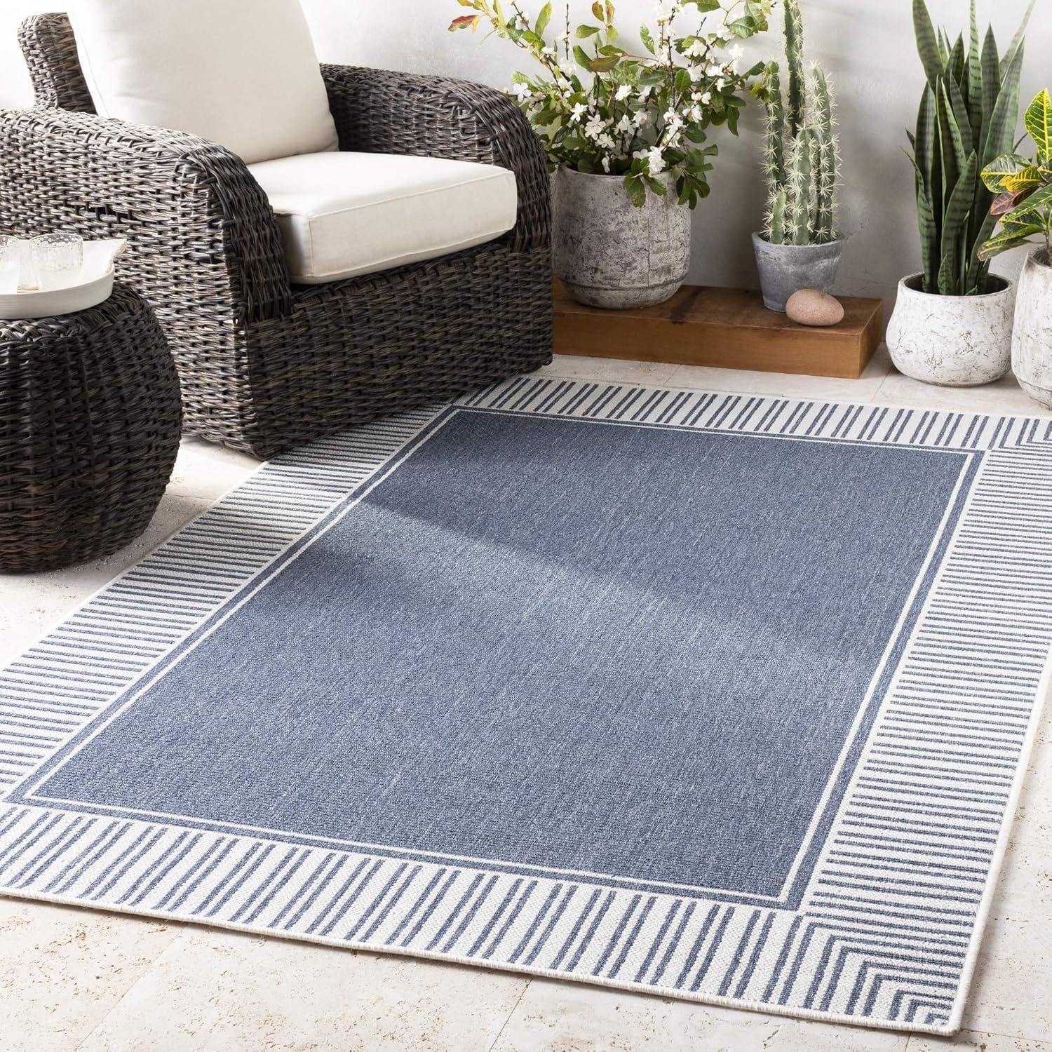 Blue and White Striped Synthetic Indoor/Outdoor Rug 5' x 7'