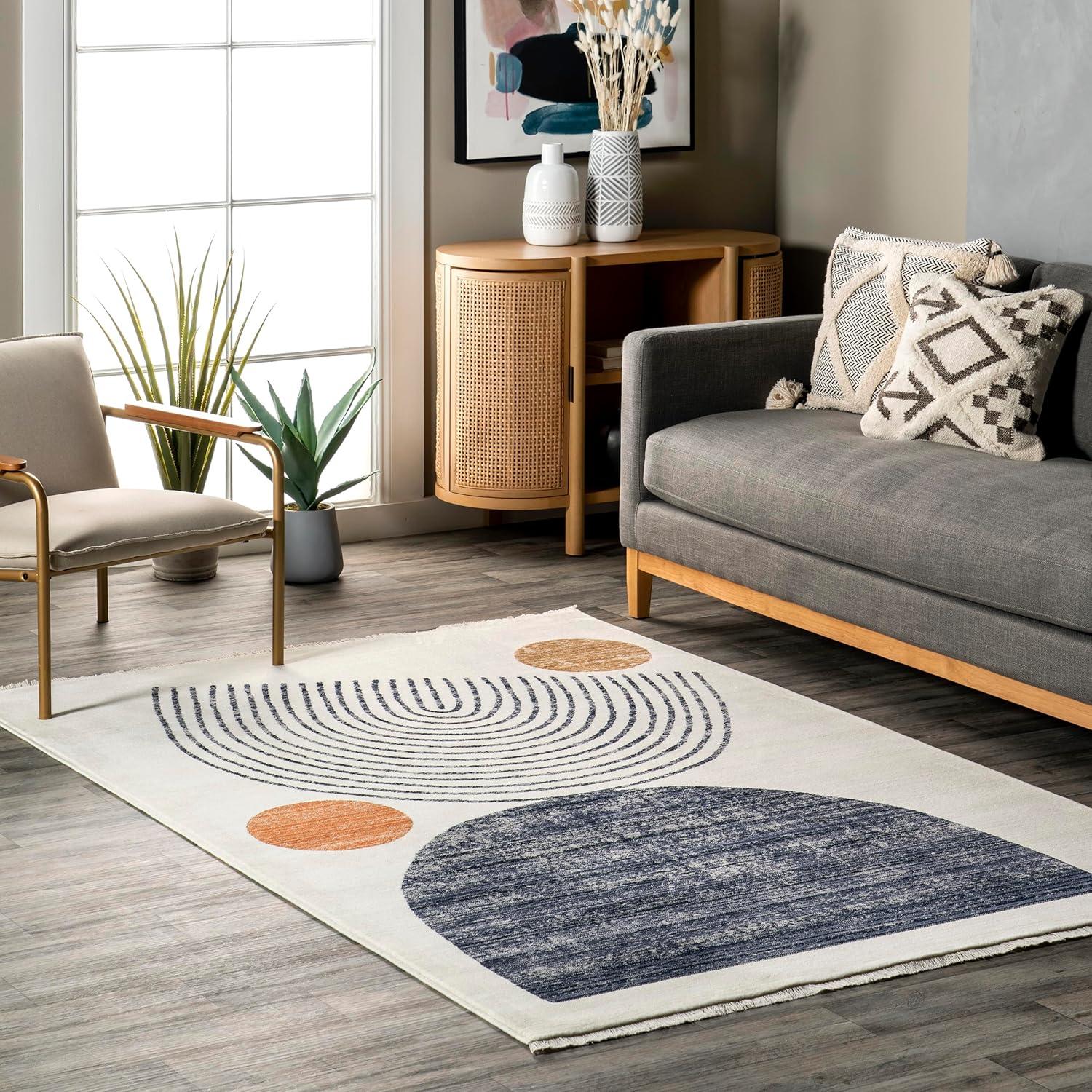 Beige Abstract Synthetic Washable Area Rug with Fringe