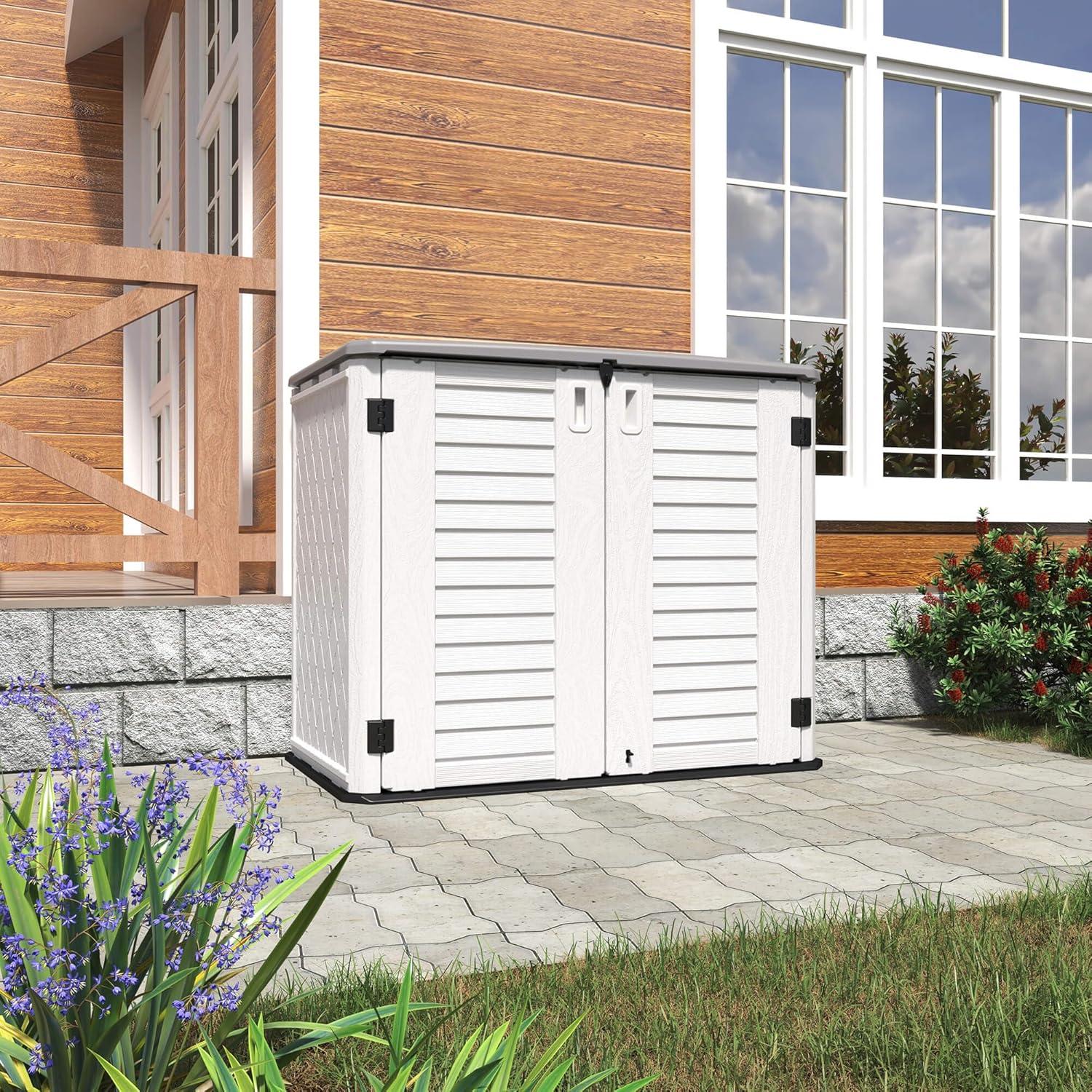 White HDPE Resin Outdoor Storage Shed with Shelving