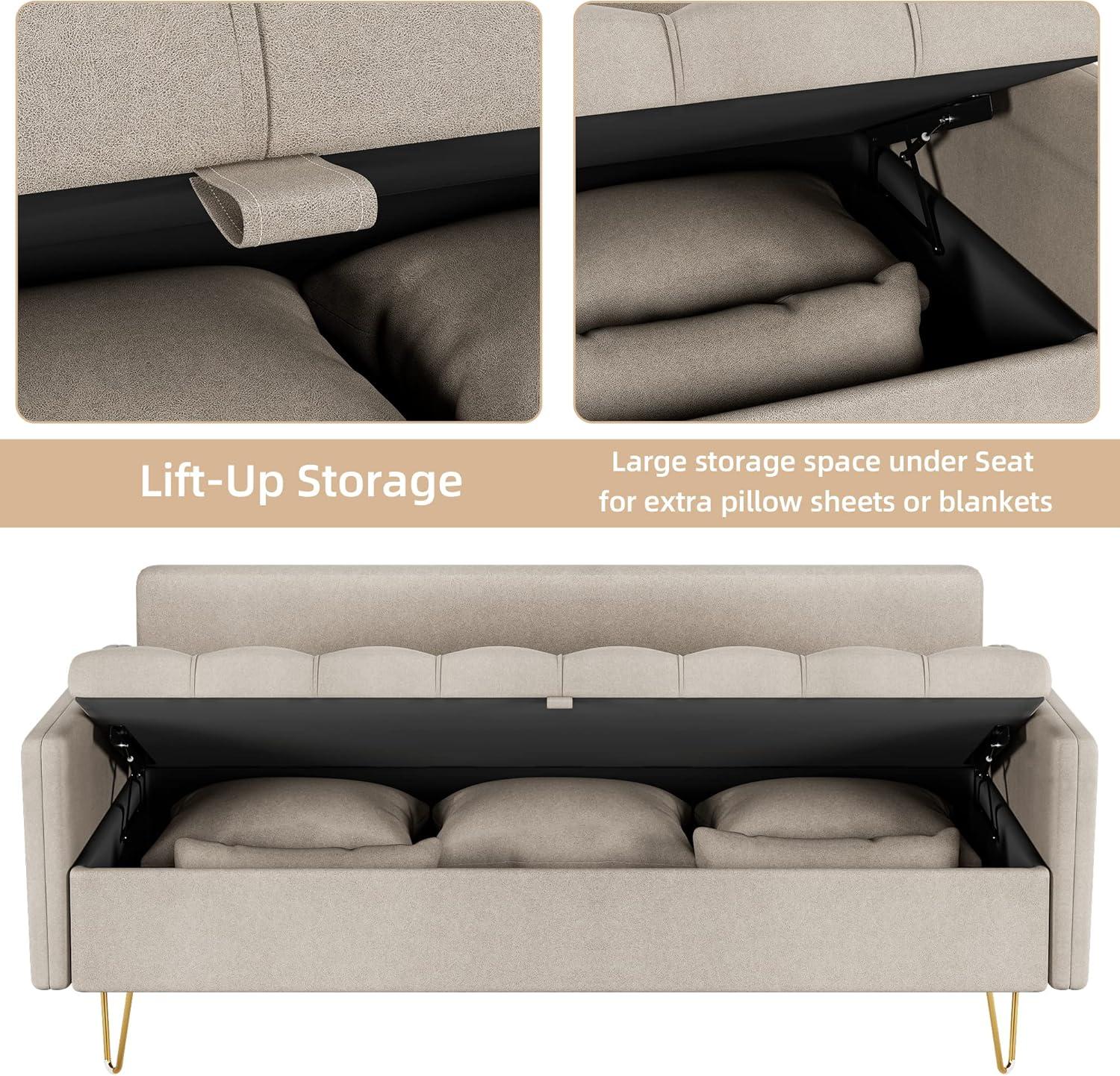 Beige Tufted Faux Leather Sofa with Storage and Gold Legs