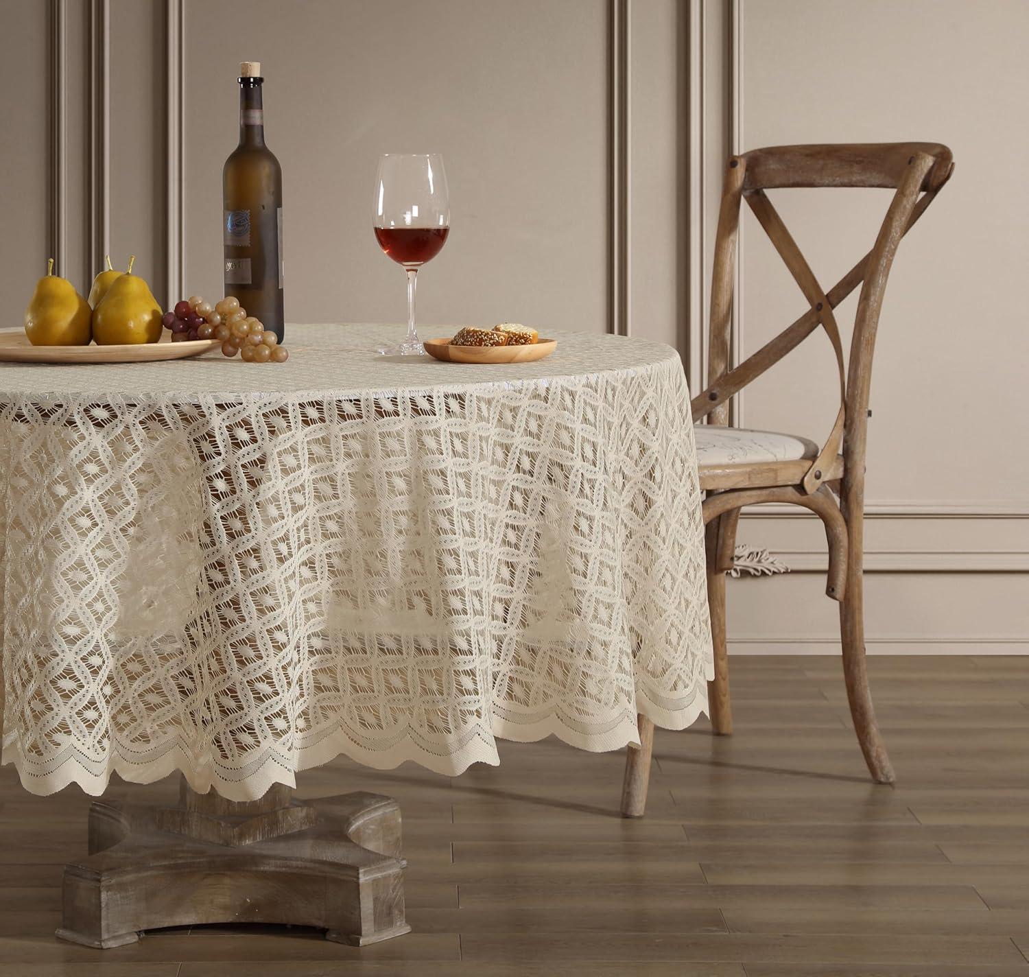 HLC.ME Alona Lace Fabric Table Cloth for Round Tables, Wrinkle Resistant, Patterned Scalloped Tablecloth - Linen, 70 Round