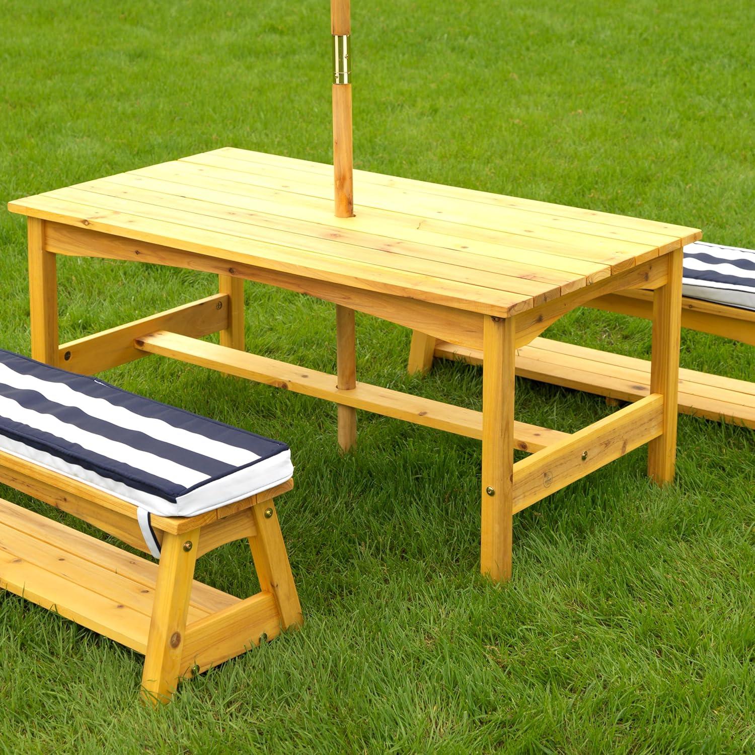 Outdoor Wooden Table & Benches with Cushions & Umbrella, Navy