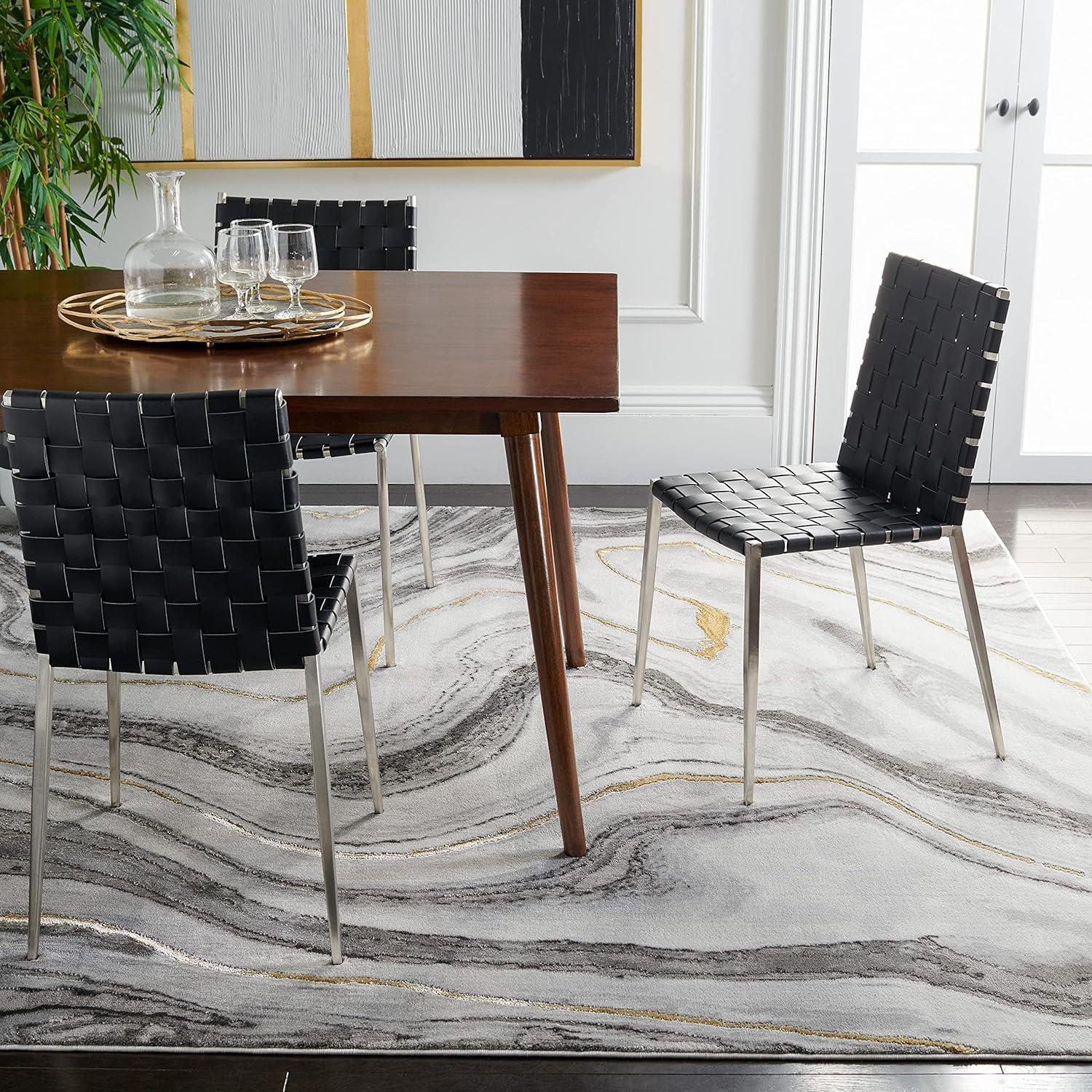 Abstract Swirls Grey and Gold 6'7" x 9' Hand-Knotted Rug
