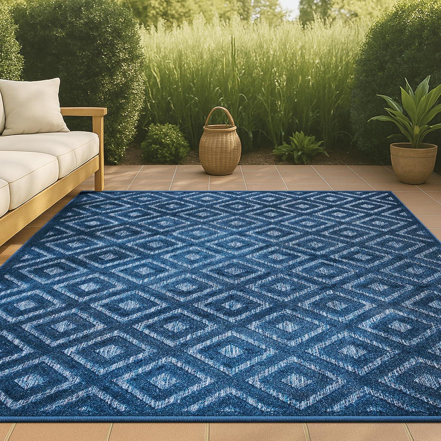 5'x8' Portmany Neutral Diamond Trellis Indoor/Outdoor Area Rug, Navy - JONATHAN Y