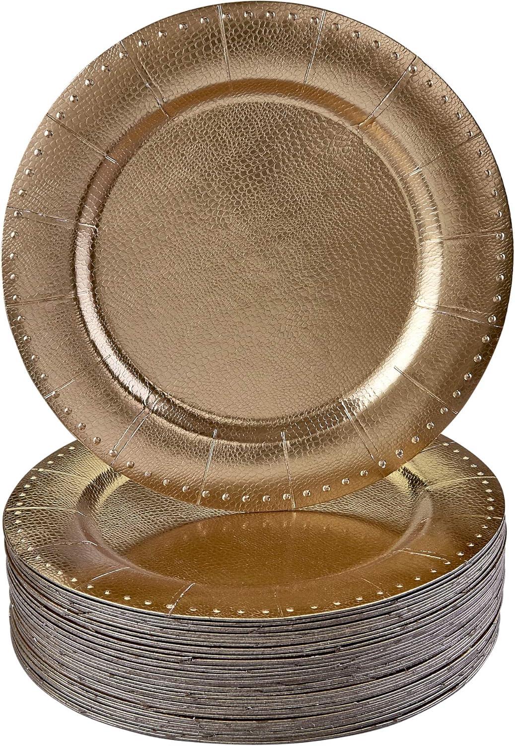 Silver Spoons Elegant Disposable Beaded Charger Plates for Party, Heavy Duty Disposable Dinner Set, 13”, Gold (10 PC)