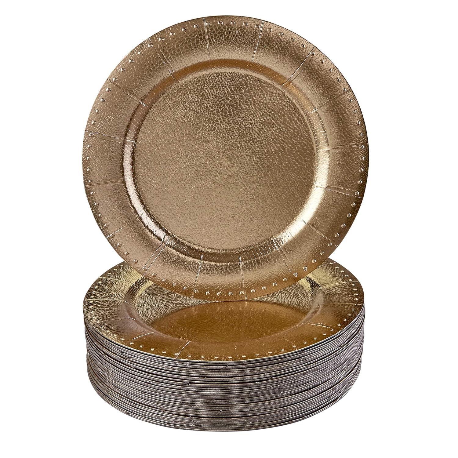 Silver Spoons Elegant Disposable Beaded Charger Plates for Party, Heavy Duty Disposable Dinner Set, 13”, Gold (10 PC)