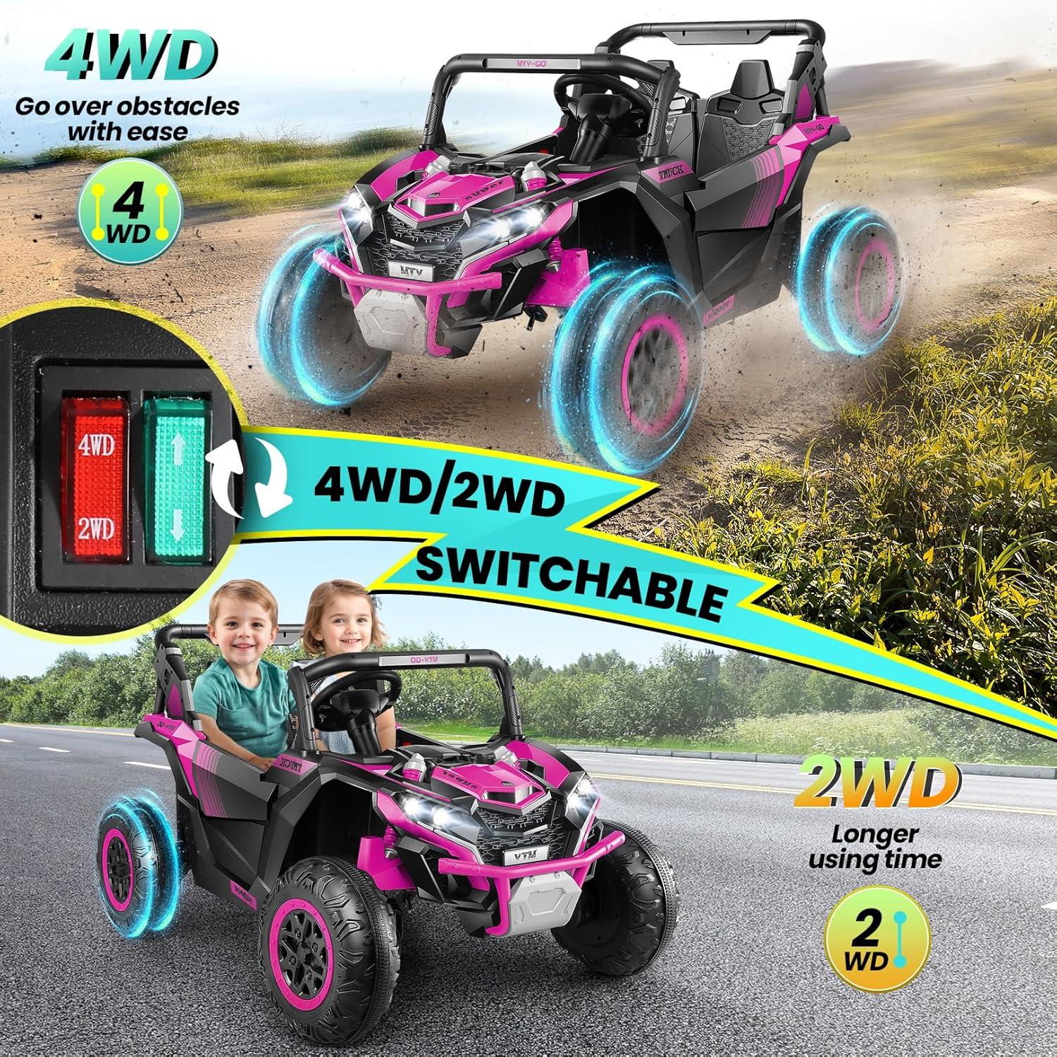 VIBESPARK 24V Kids Powered Ride on Car, 2WD/4WD Switchable Ride on UTV Car with 3-Speed Remote Control, Electric Toy Cars, Bluetooth, USB, LED Lights, Storage Space