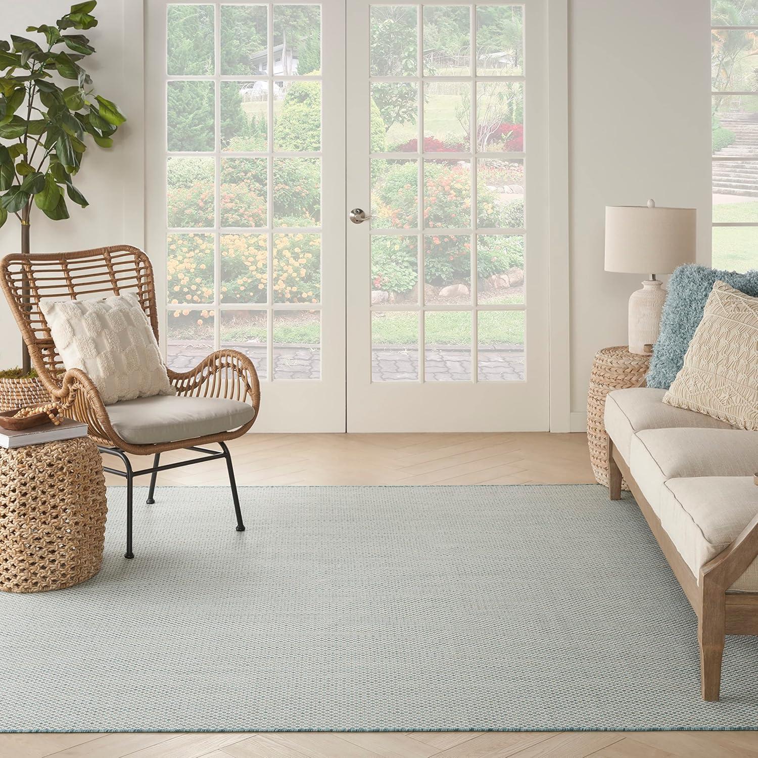 Nourison 6' x 6' Courtyard Modern Easy Care Flatweave Indoor Outdoor Square Rug Ivory/Aqua