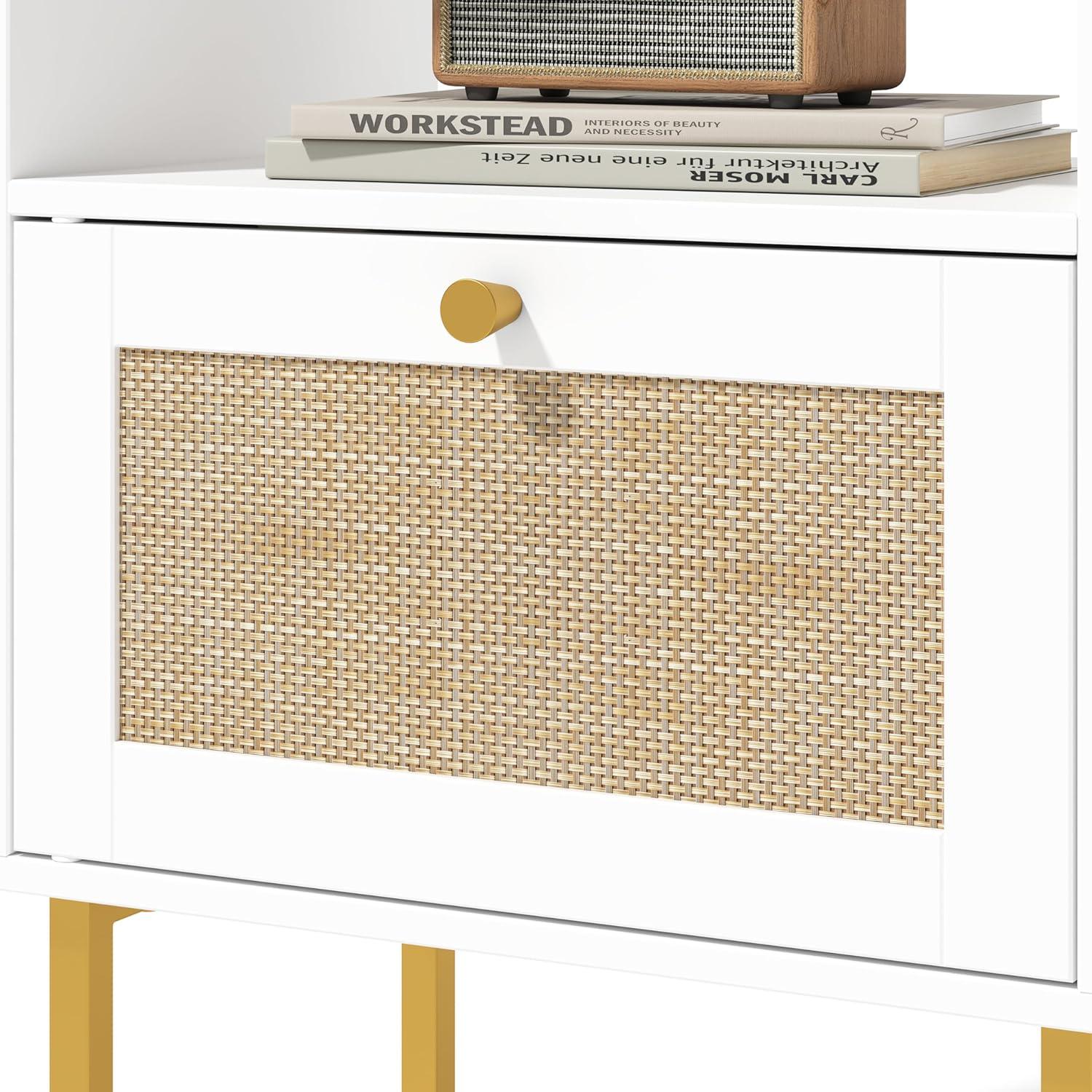 White and Gold Modern Rattan Nightstand with Drawer