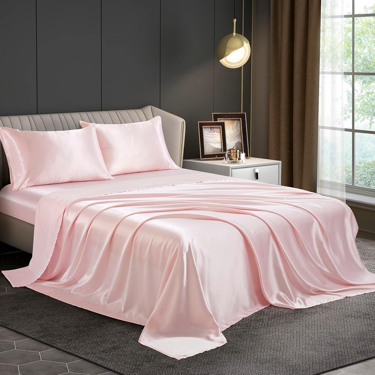 Homiest 4pcs Satin Sheets Set Luxury Silky Satin Bedding Set with Deep Pocket, 1 Fitted Sheet + 1 Flat Sheet + 2 Pillowcases (Queen Size, Blush Pink)