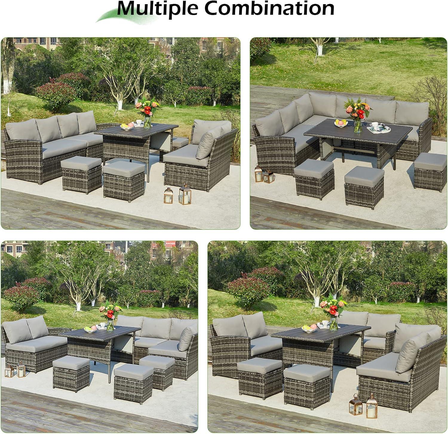 AECOJOY Patio Furniture Set, 7 Pieces Outdoor Patio Furniture with Dining Table&Chair, All Weather Wicker Conversation Set with Ottoman, Grey Rattan&Grey Cushion