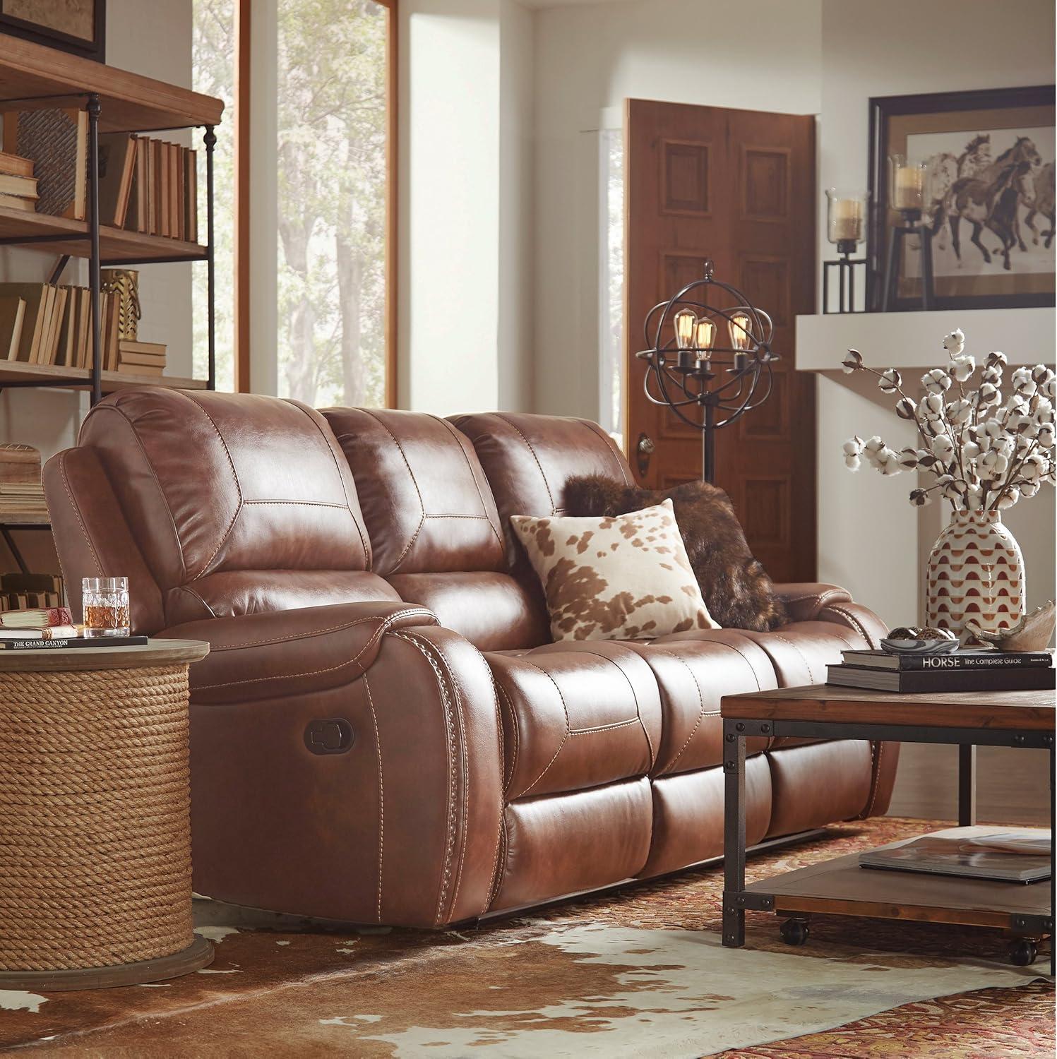 Achern Brown Faux Leather Reclining Sofa with Storage Console