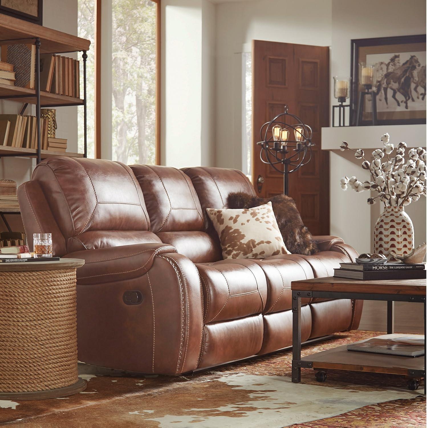 Roundhill Furniture Achern Brown Leather Nailhead Manual Reclining Sofa with Storage Console and USB Port
