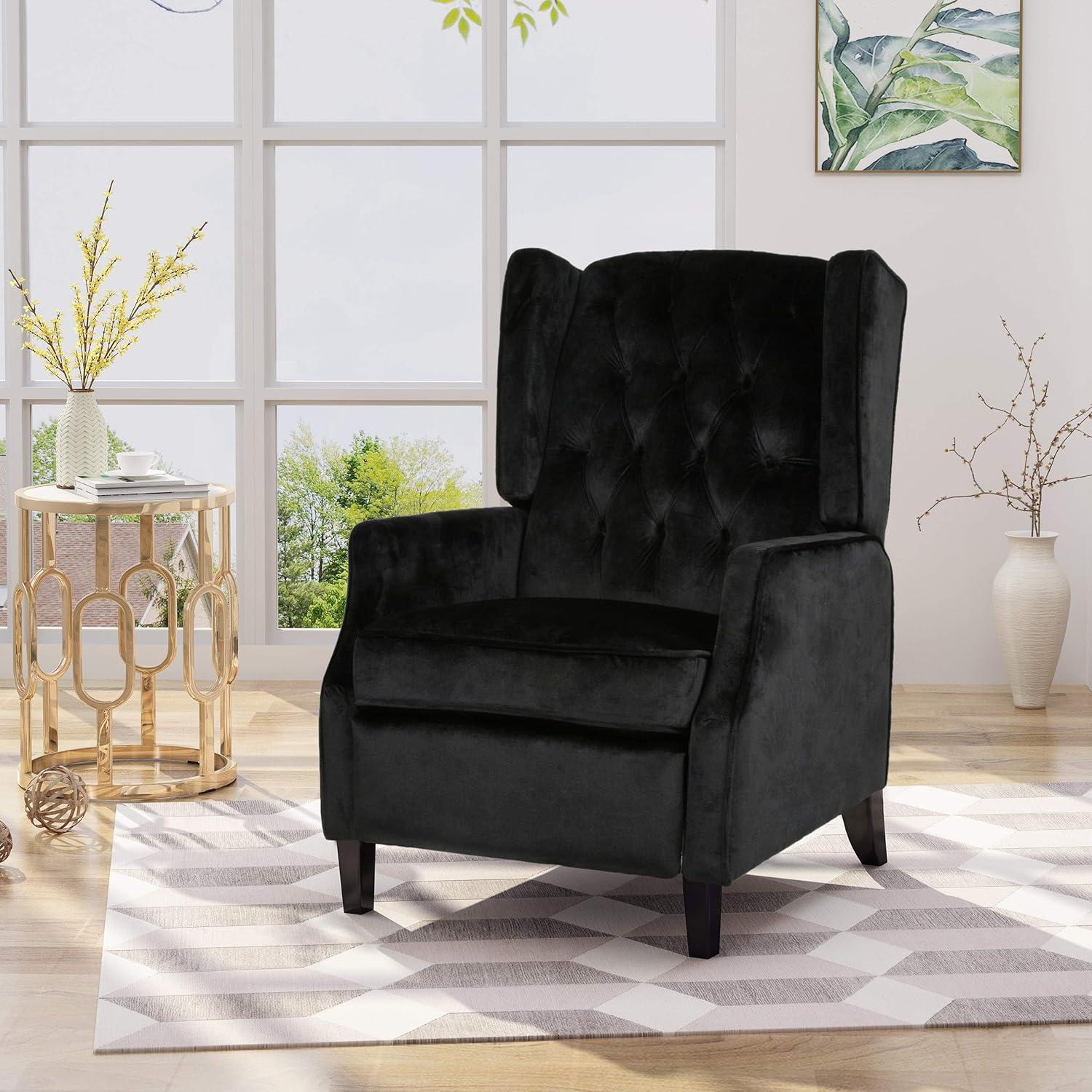 Mid-Century Velvet Wingback Recliner in Black and Dark Brown