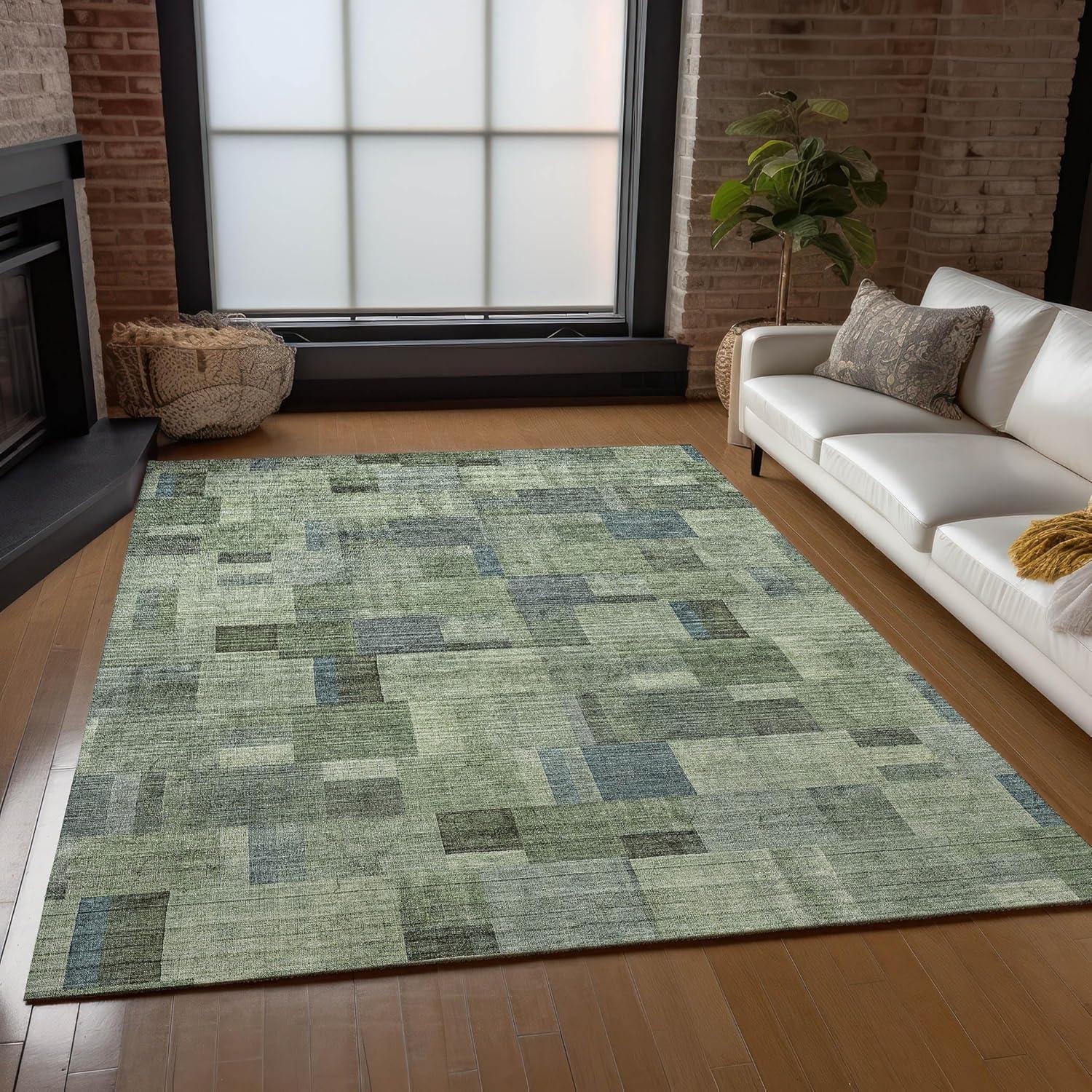 Green and Gray Synthetic Flat Woven Washable Area Rug