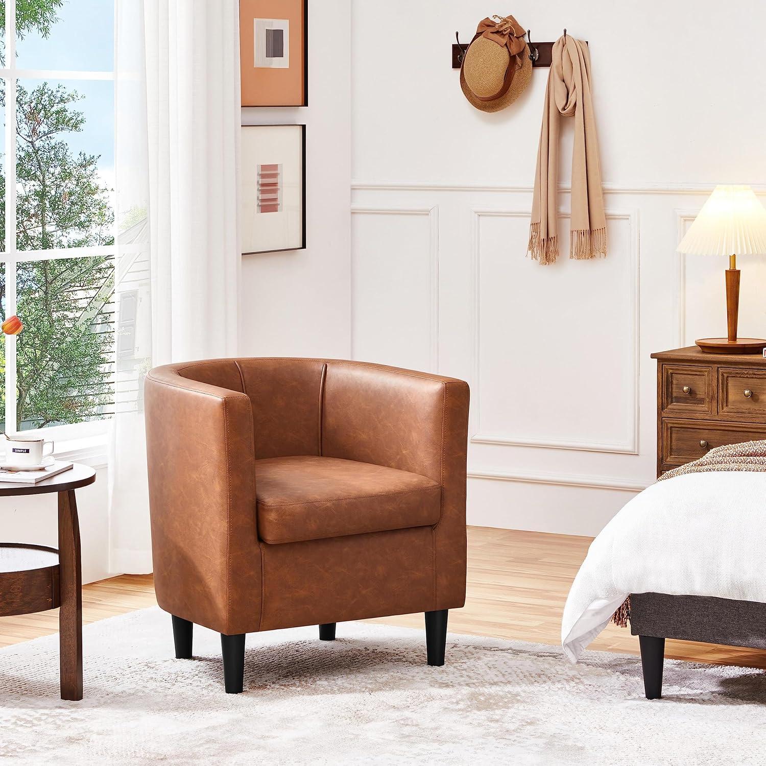 Yaheetech Faux Leather Upholstered Accent Chair Barrel Chairs, Brown