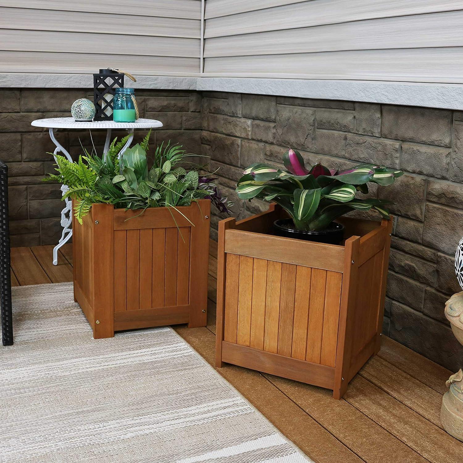 Meranti Wood 16-Inch Square Planter Box with Teak Oil Finish