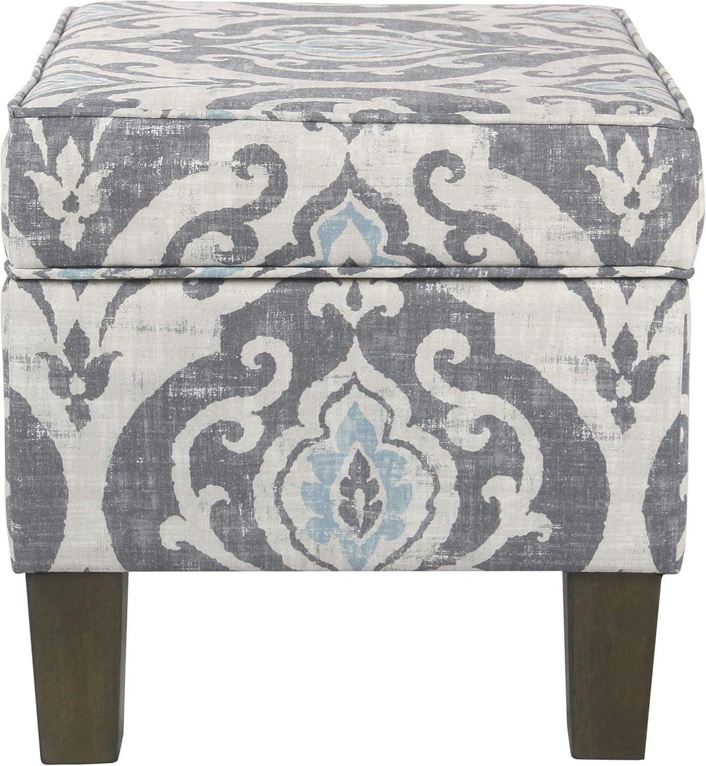 Medium Storage Ottoman Gray/Blue - HomePop: Upholstered Rectangular Footstool with Damask Pattern, Plywood & Hardwood Frame