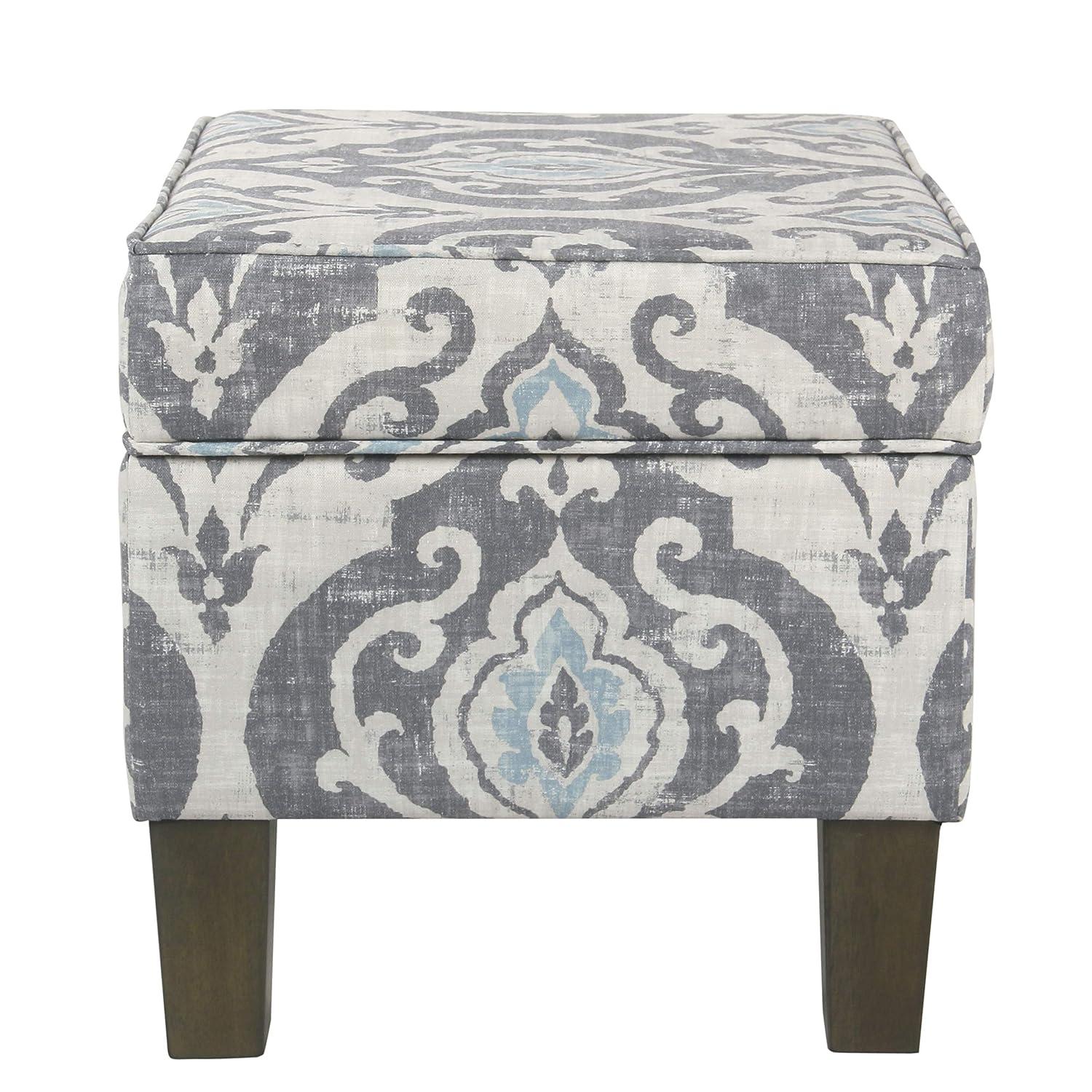 Medium Storage Ottoman Gray/Blue - HomePop: Upholstered Rectangular Footstool with Damask Pattern, Plywood & Hardwood Frame