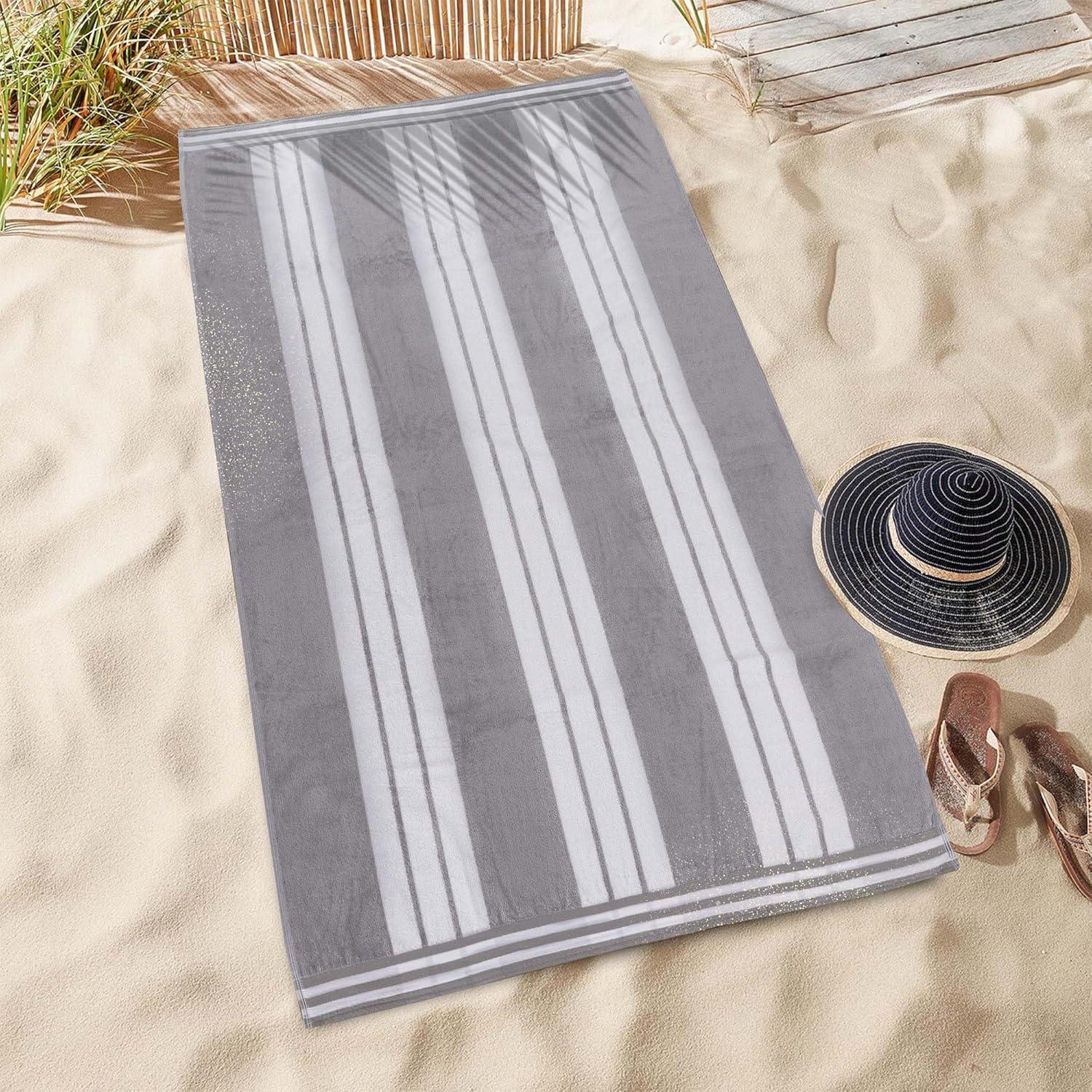 Superior Cotton Striped Oversized Beach Towel, 34" x 64", Light Grey