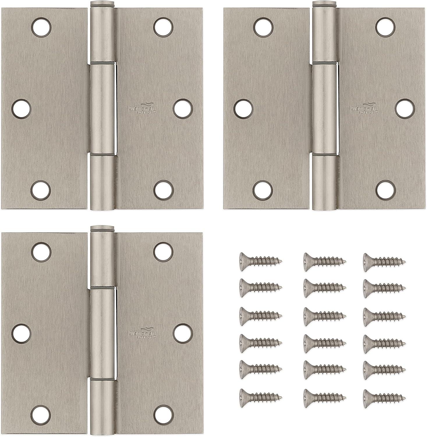 Satin Nickel Square Corner Squeak Guard Door Hinges Pack of 3