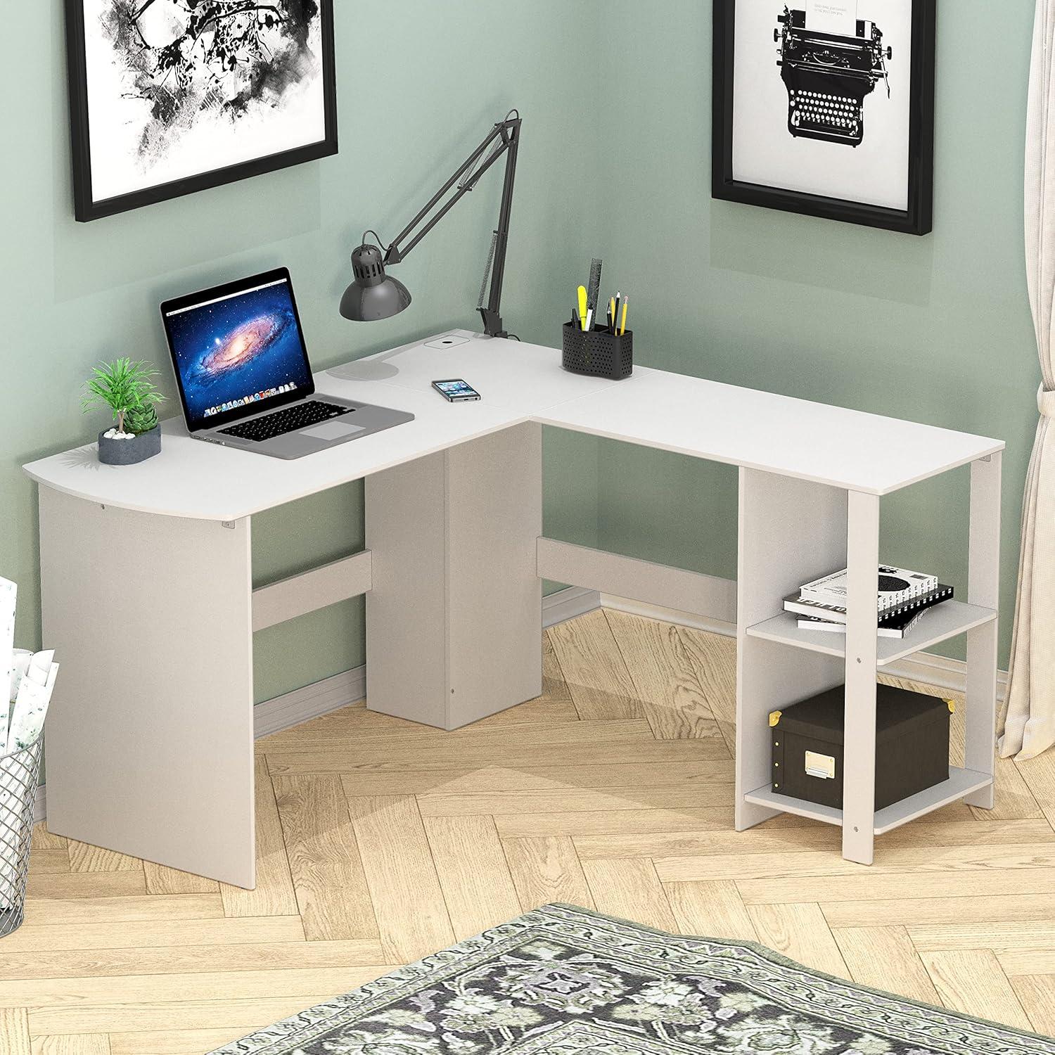 White L-Shaped Walnut Wood Corner Computer Desk with Drawer