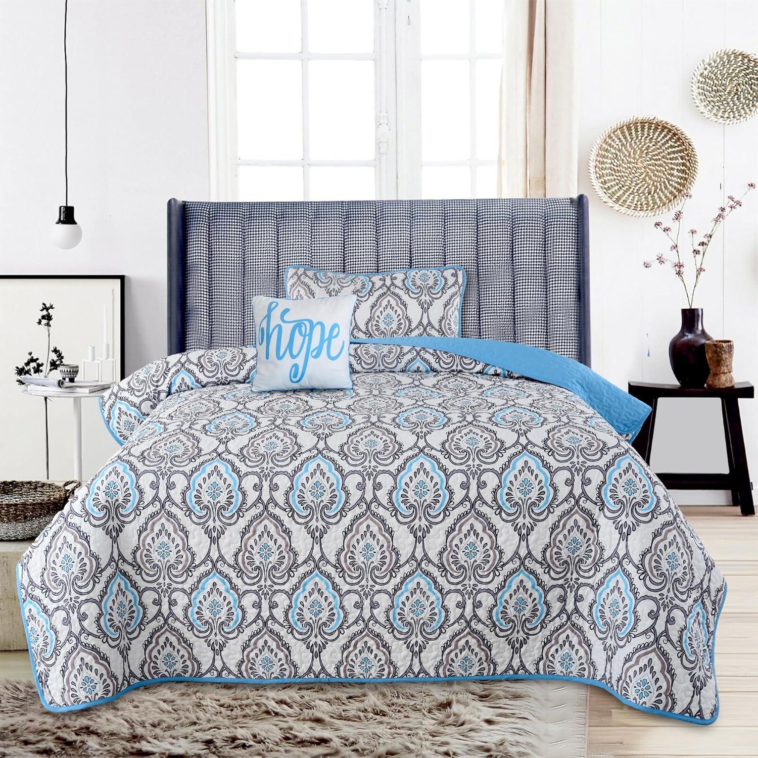 Jade Blue Reversible Twin Microfiber Quilt Set