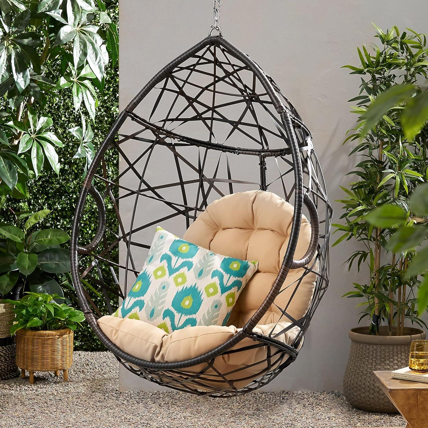 Cayuse Wicker Tear Drop Hanging Chair - Brown/Tan - Christopher Knight Home: Outdoor Patio Swing with Cushion