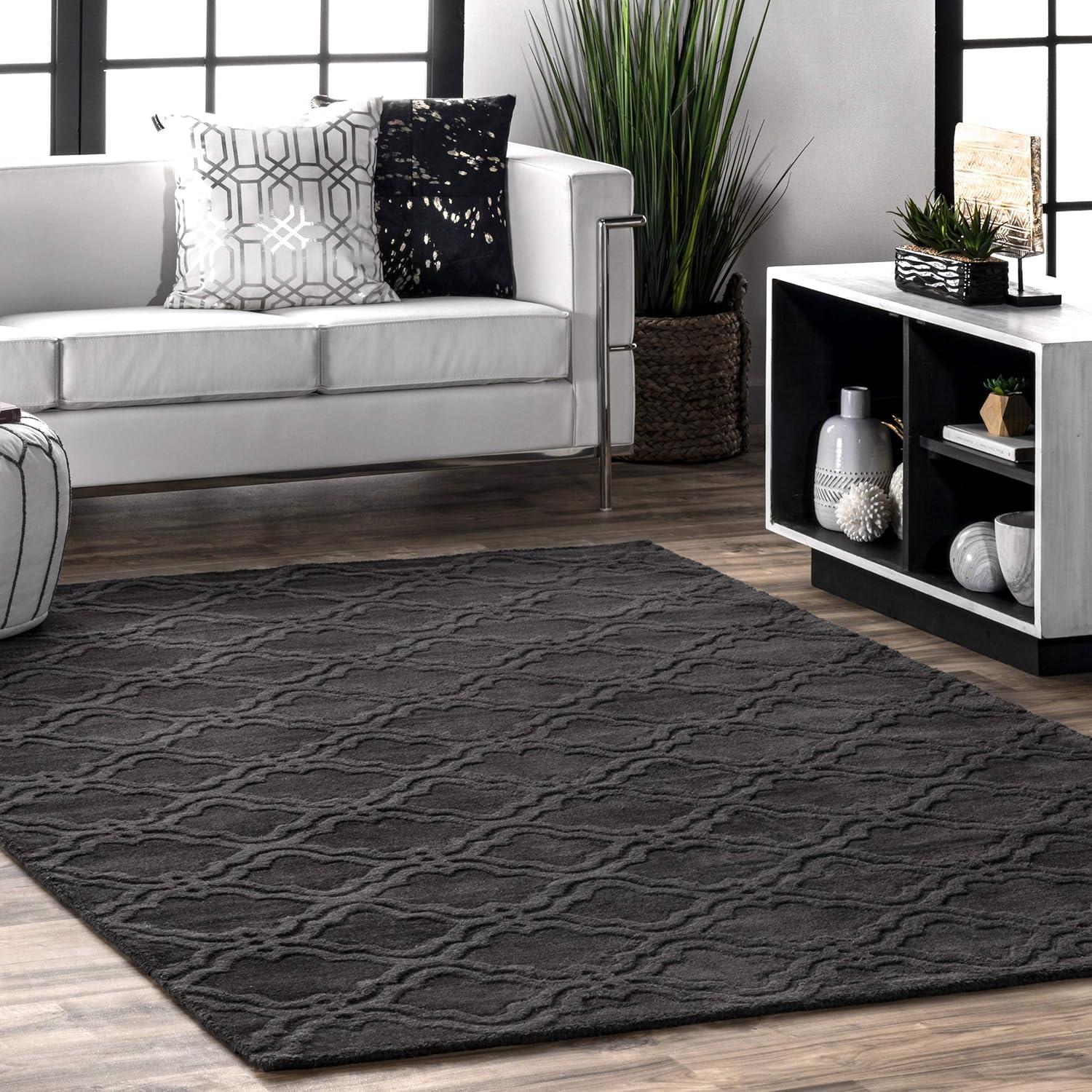 Charcoal Geometric Tufted Wool Area Rug, 6' x 9', Handmade