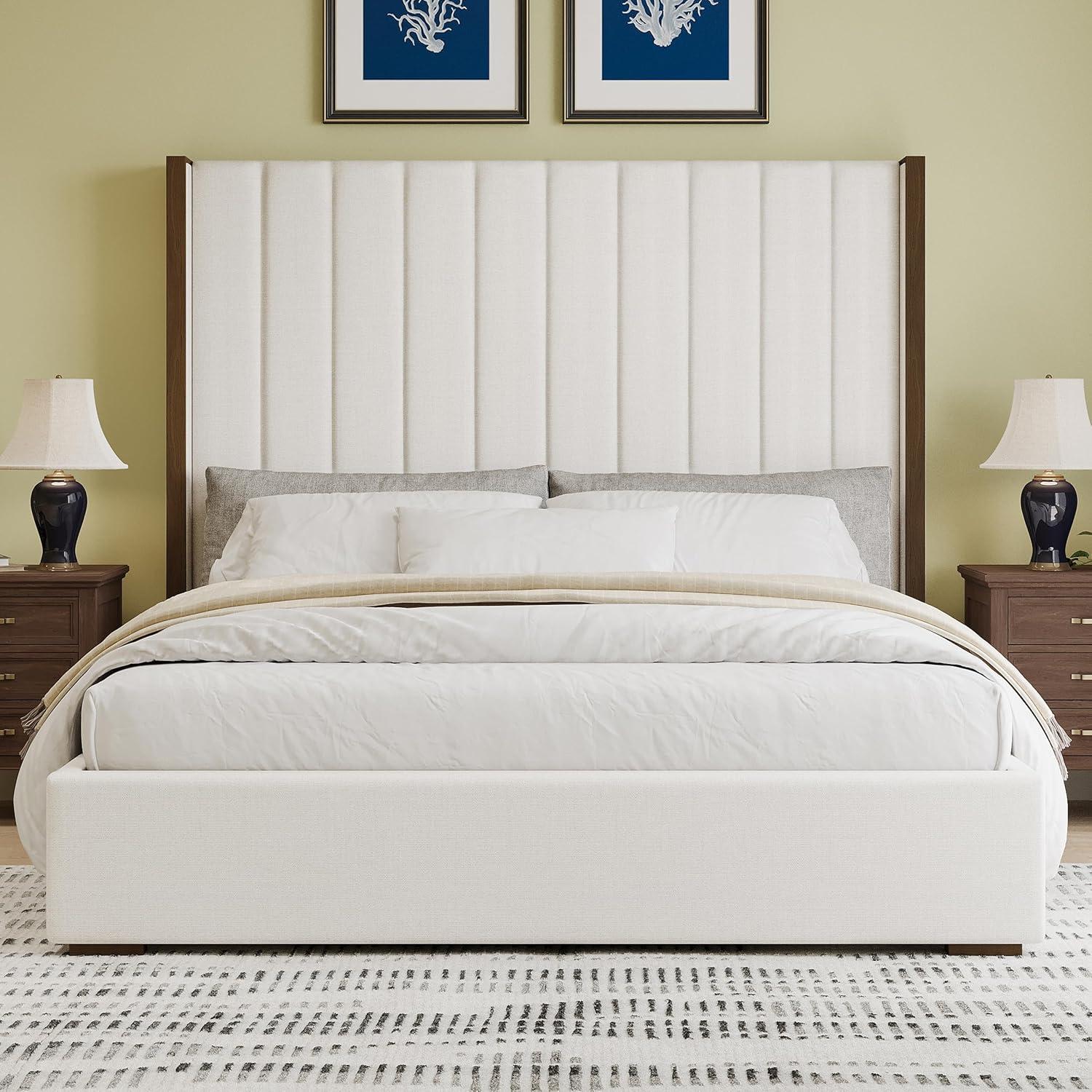 67.5" Tall Headboard Upholstered King Size Bed with Vertical Striped and Wingback Design, Box Spring Needed, Linen