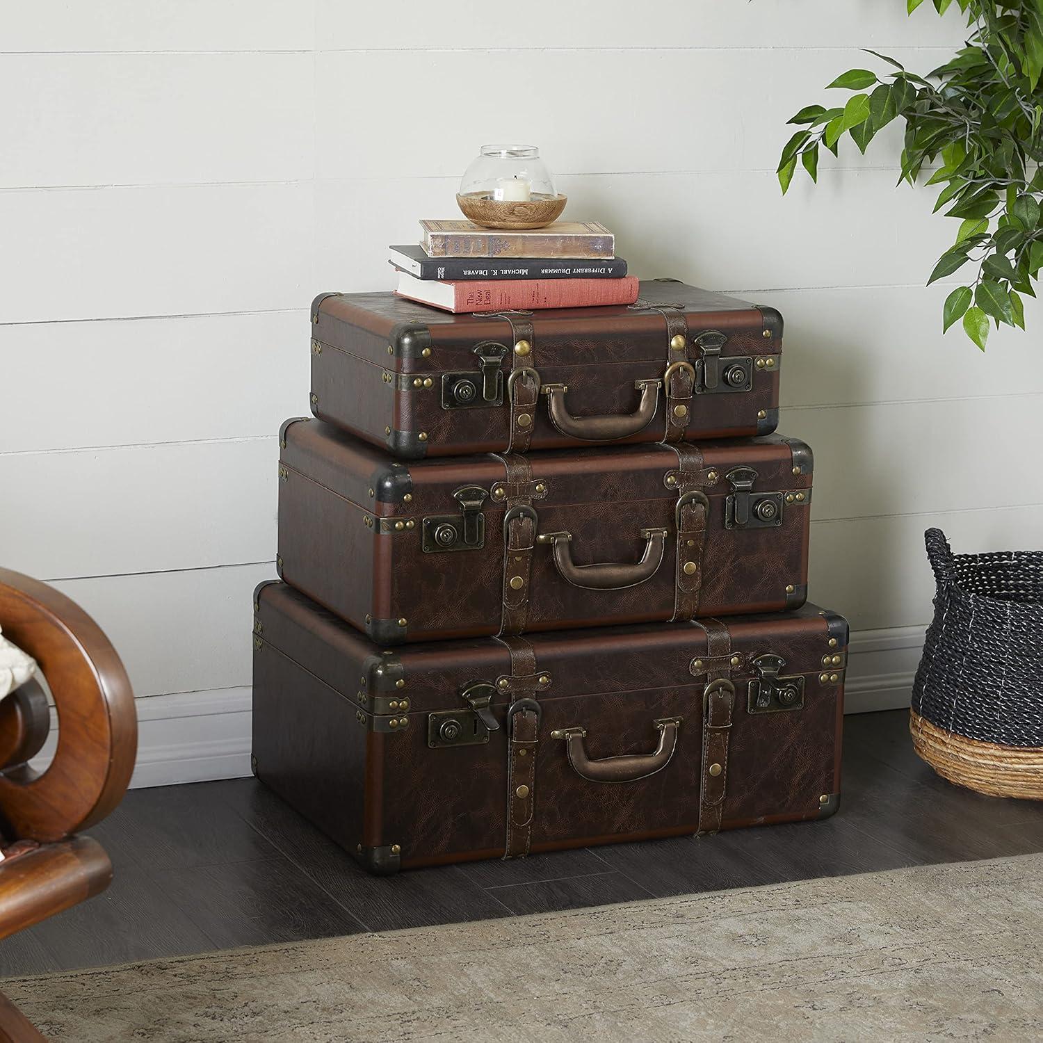 Vintage Charm Nested Faux Leather Trunks, Set of 3, Brown with Stud Accents