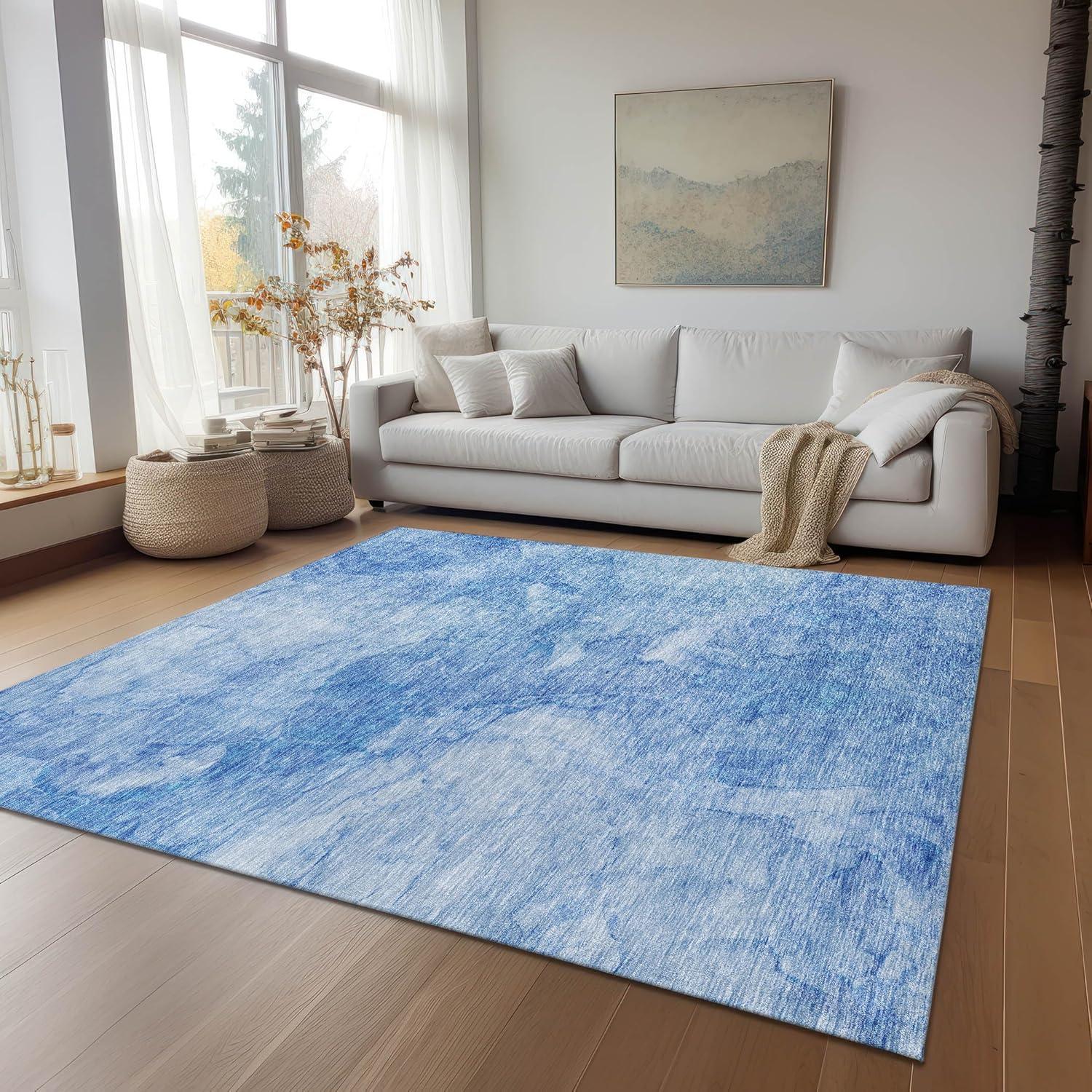 Blue Rectangular Machine-Washable Synthetic Area Rug 3' x 5'