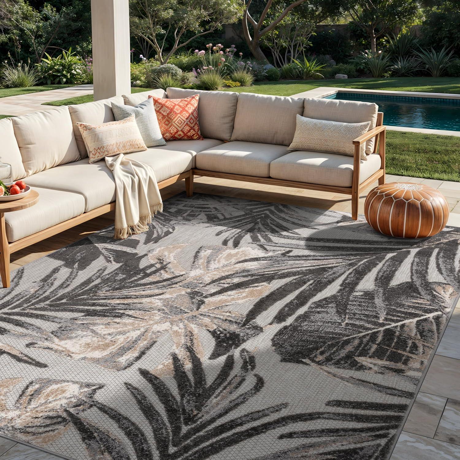 World Rug Gallery Floral Leaves Indoor/Outdoor Area Rug - Gray 7'10" x 10':  Weather-Resistant,  Low Pile,  Patio Rug