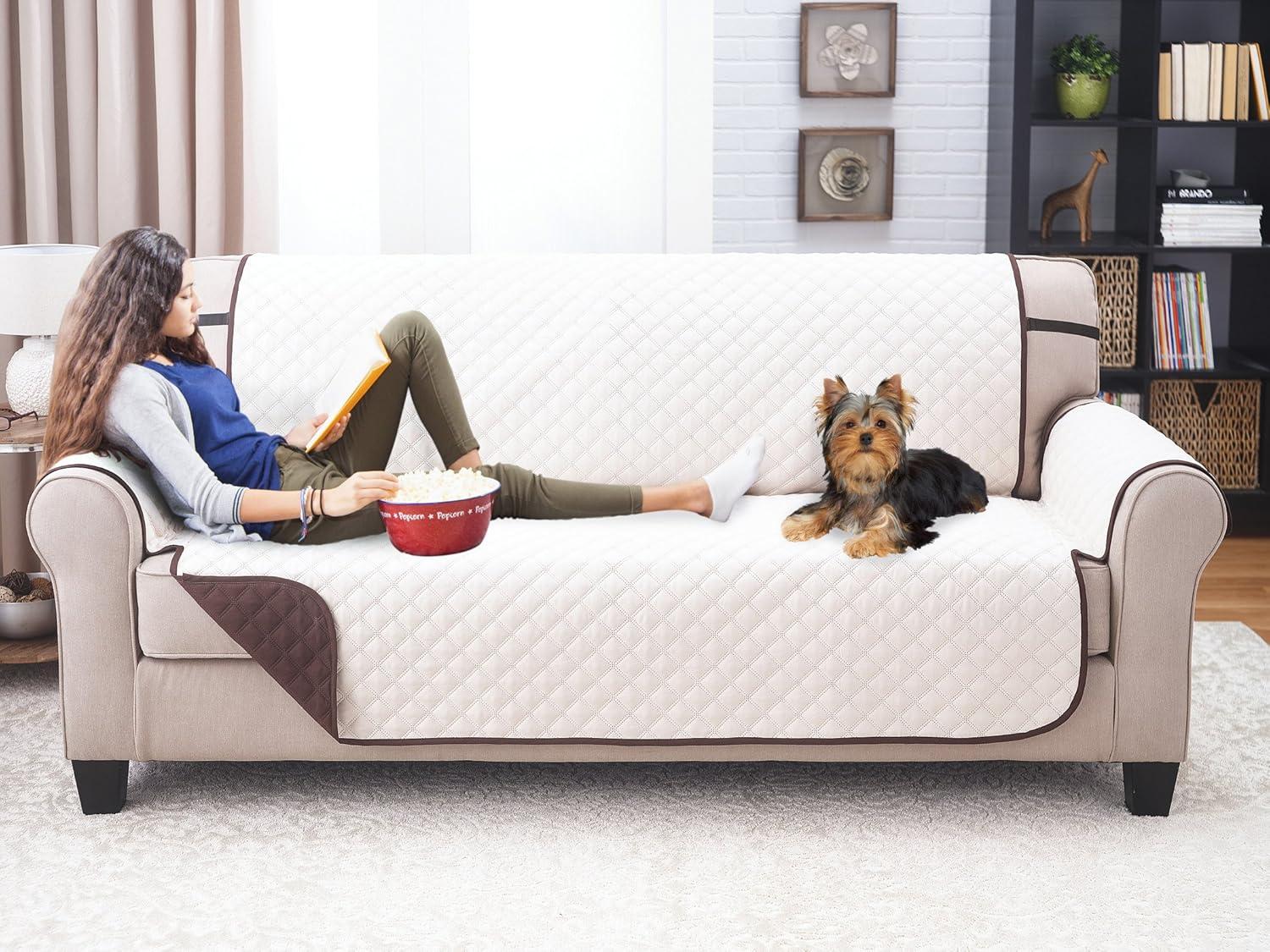 Sofa Cover - Furniture Protector - Shield & Protects from Dogs, Cats, Pets, Kids, Stains - Reversible, Easy Wash & Dry - Chocolate & Tan - 110" W x 75" L