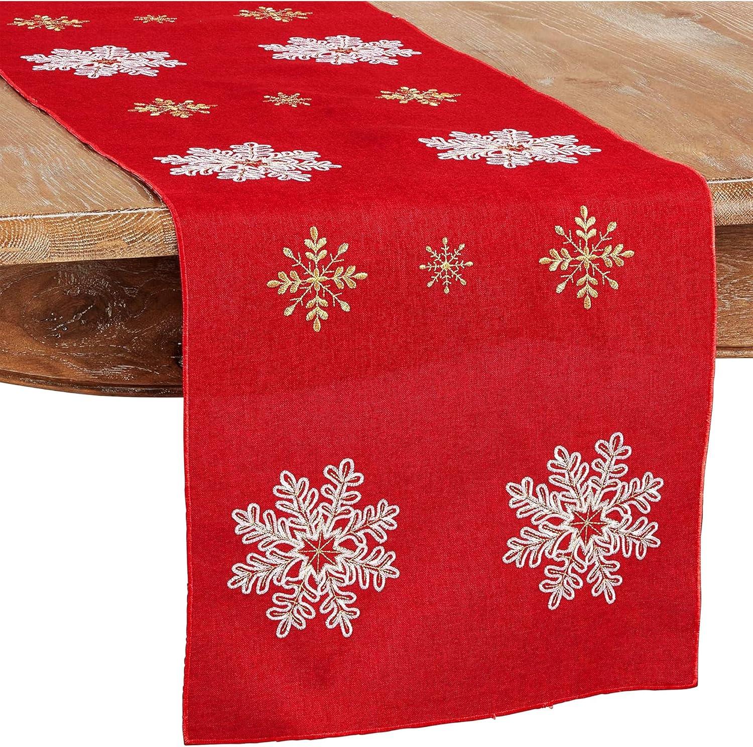 Red Embroidered Snowflake Polyester Holiday Table Runner