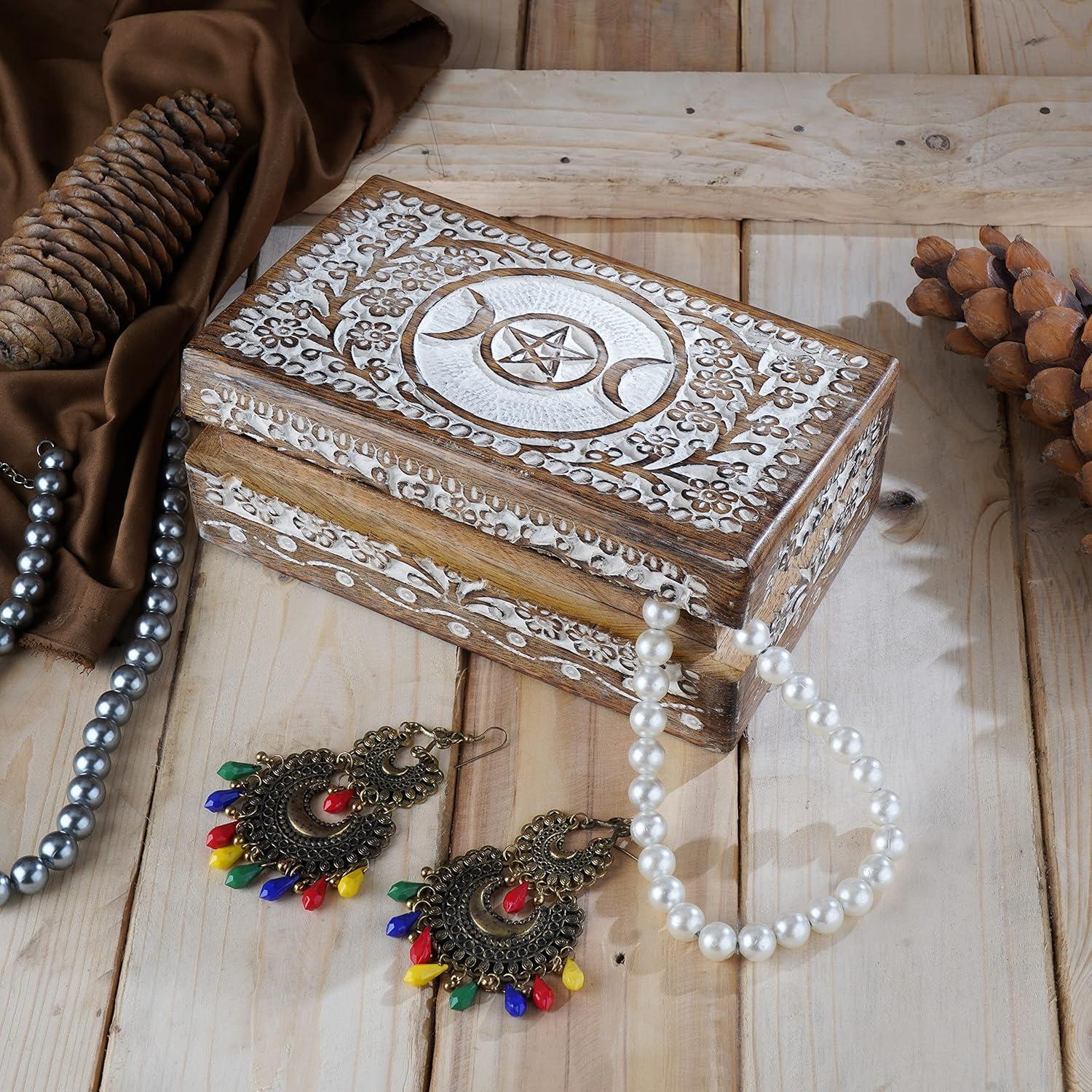 Ajuny Wooden Hand Carved Decorative Jewelry Storage Box with Moon Star Flower Carvings