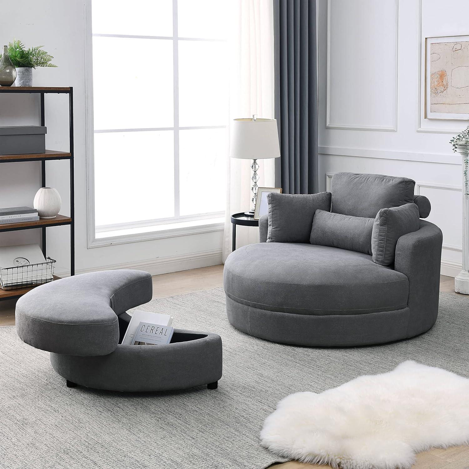 Dark Gray Linen Swivel Barrel Sofa with Storage Ottoman