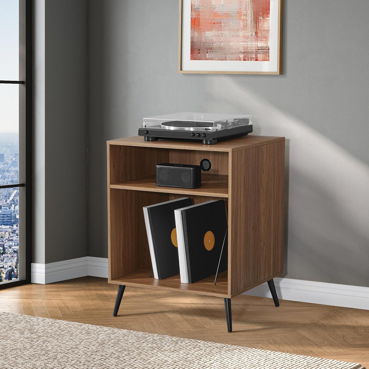OSP Home Furnishings Retro Record Player Stand Console with Album Storage, Majestic Walnut Finish