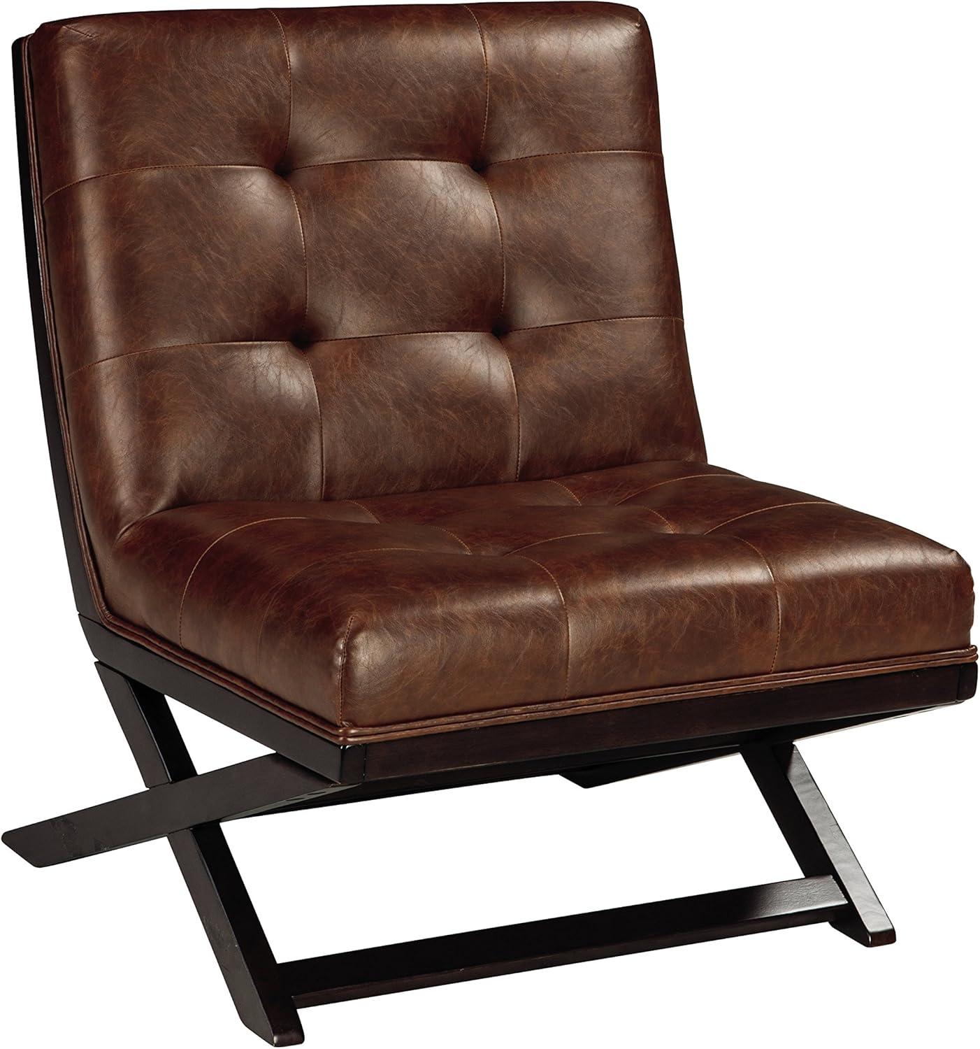 Traditional Brown Faux Leather and Wood Accent Chair