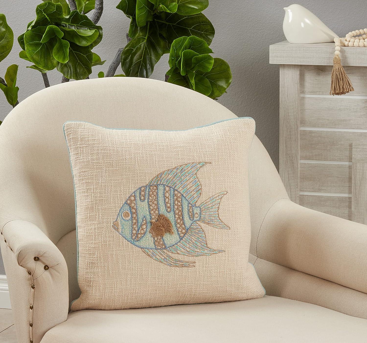 Aqua Embroidered Fish Cotton Euro Pillow Cover